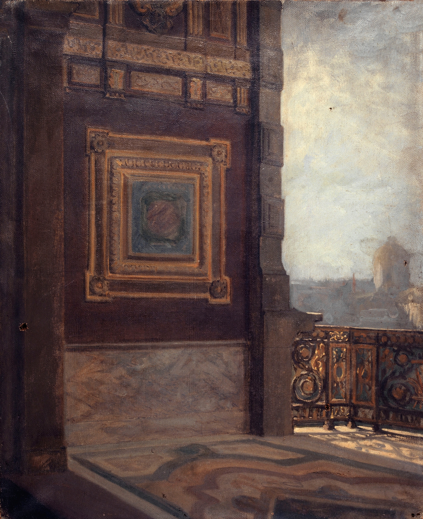 Le Balcon au bout de la petite galerie du Louvre by Lucien Mélingue, oil on canvas, figures on a balcony.