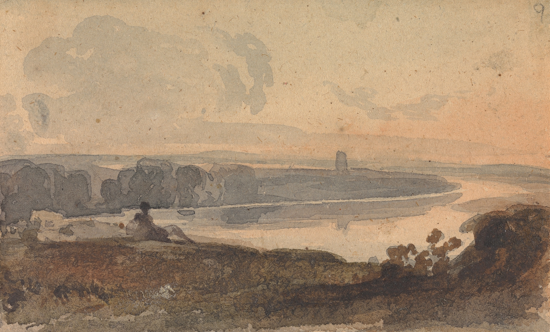 Landscape, with Winding River, Figure on Hill in Foreground, by Thomas Sully, public domain