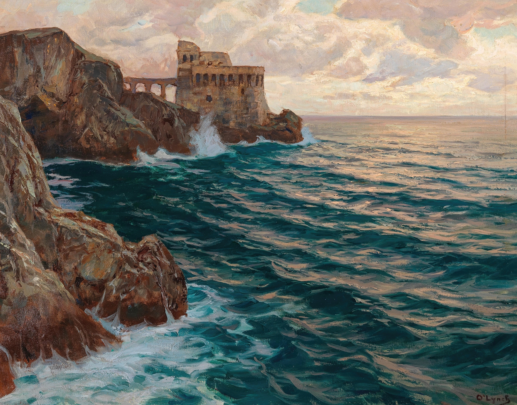Marine scene with crashing waves and a castle by Carl O'Lynch, oil painting