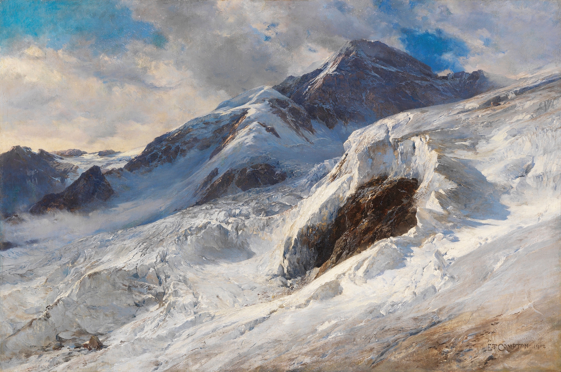 Lyskamm (Monte-Rosa) oil painting by Edward Theodore Compton depicting snow-capped mountains and golden light.