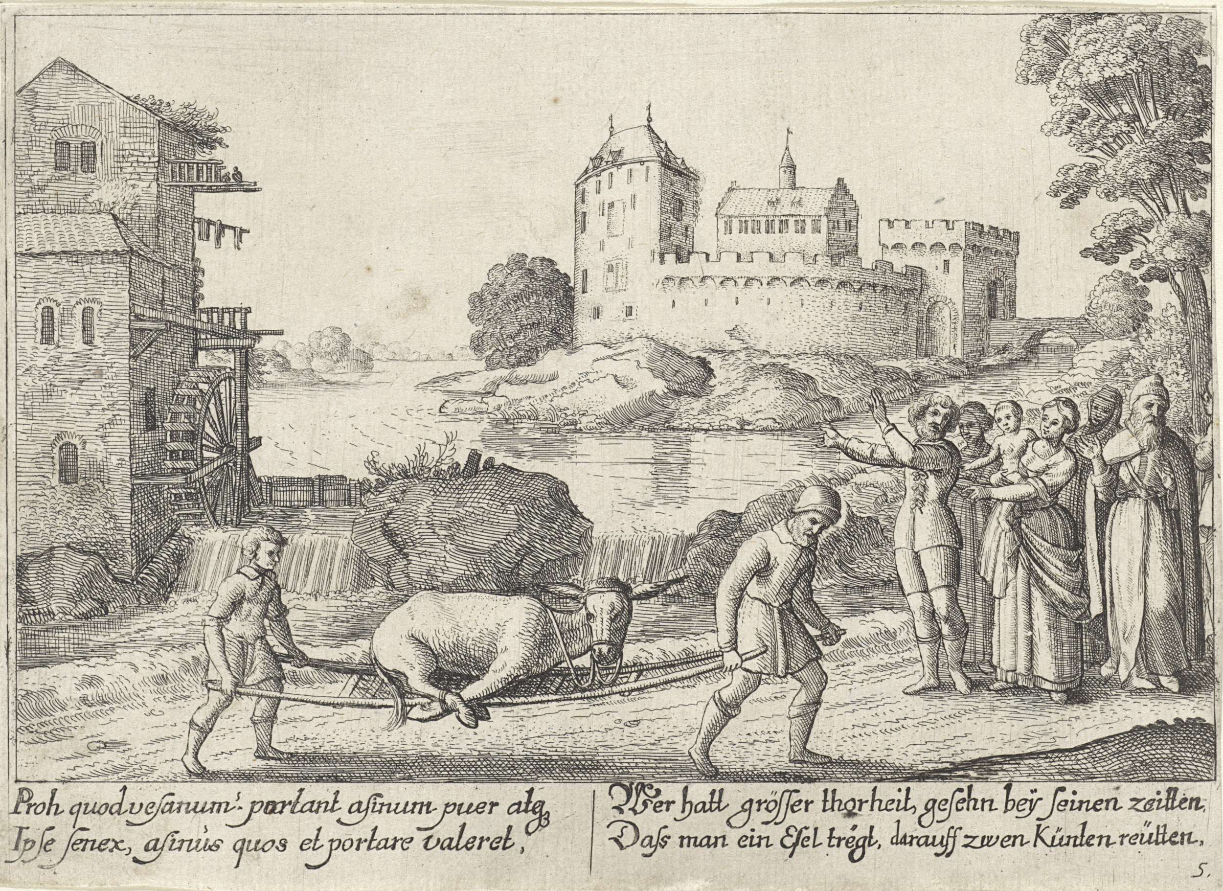 Etching by Wenceslaus Hollar depicting a farmer and son carrying a burden.
