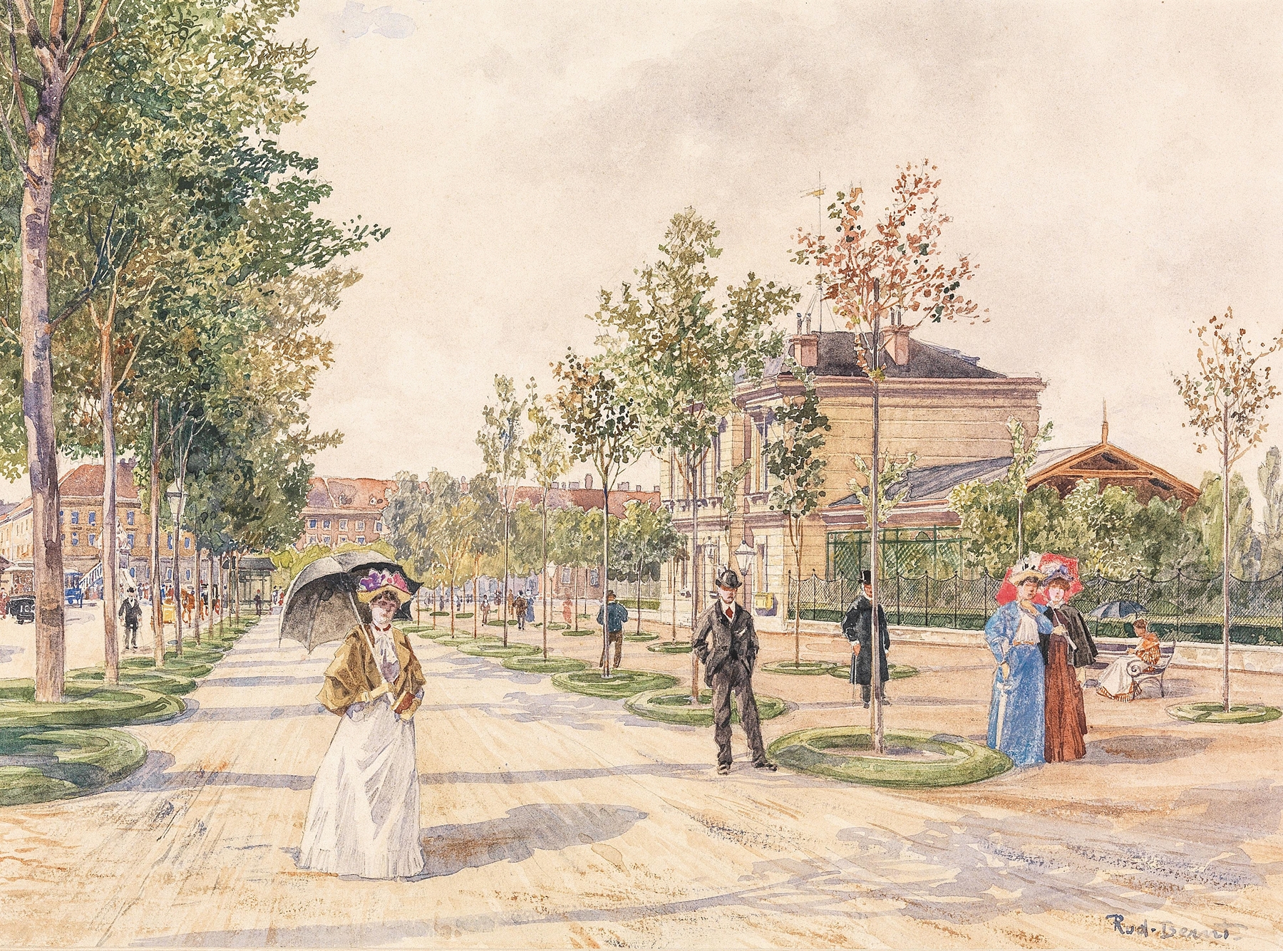 Leisurely stroll scene with figures under trees, oil on canvas by Rudolf Bernt