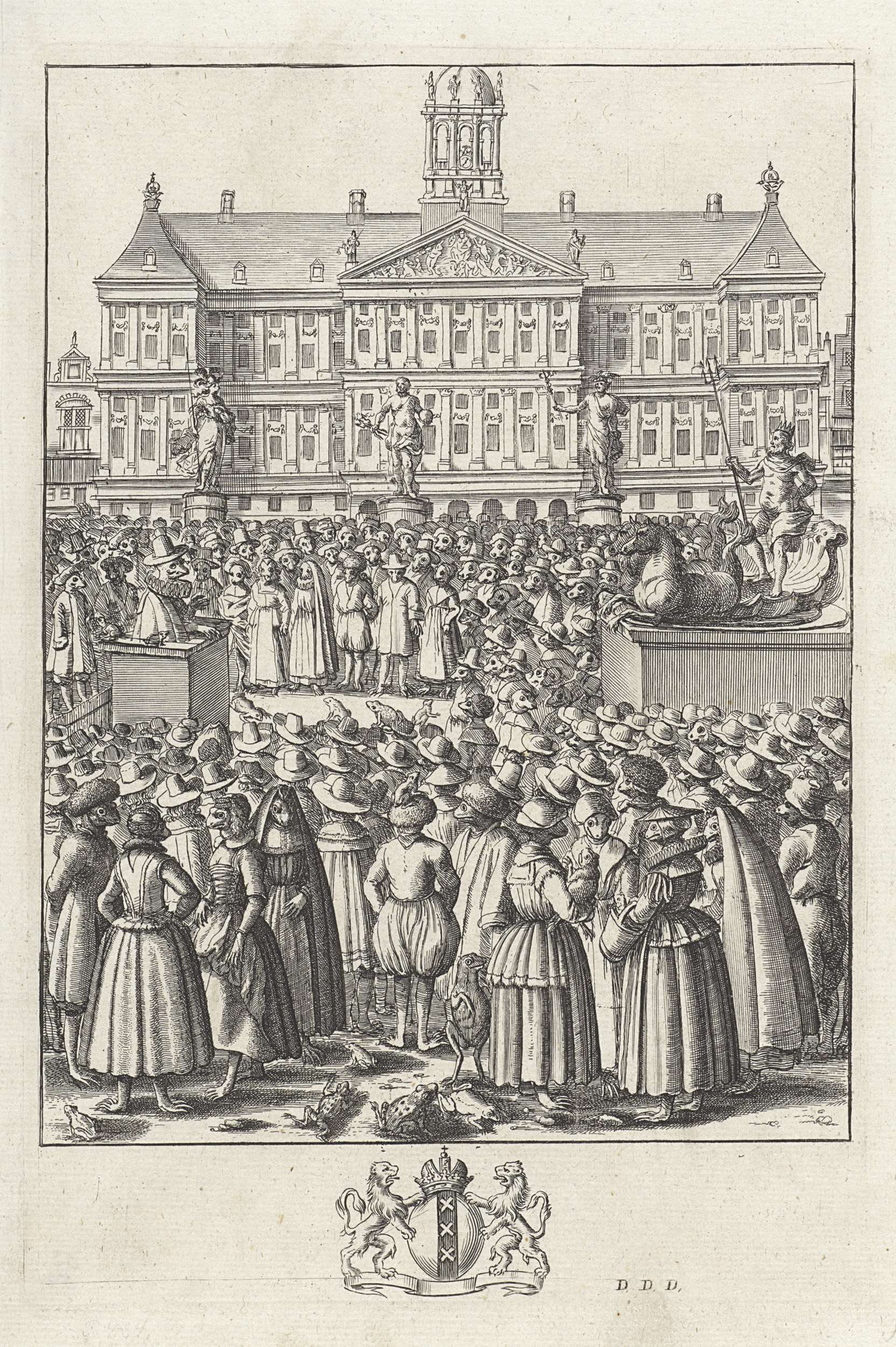 Etching by Unknown Artist depicting frogs as Amsterdam citizens
