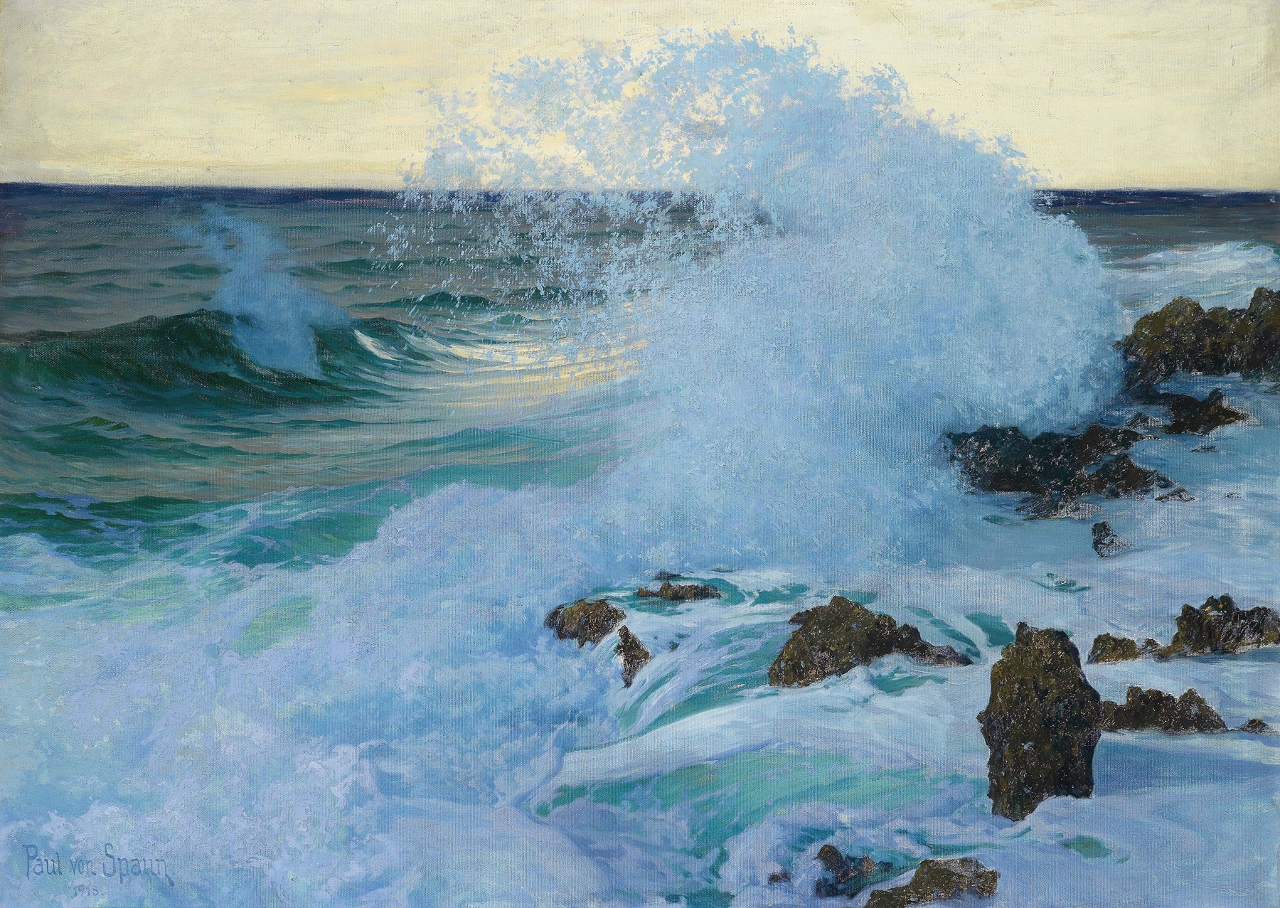 Oil painting of tumultuous ocean waves by Paul Von Spaun
