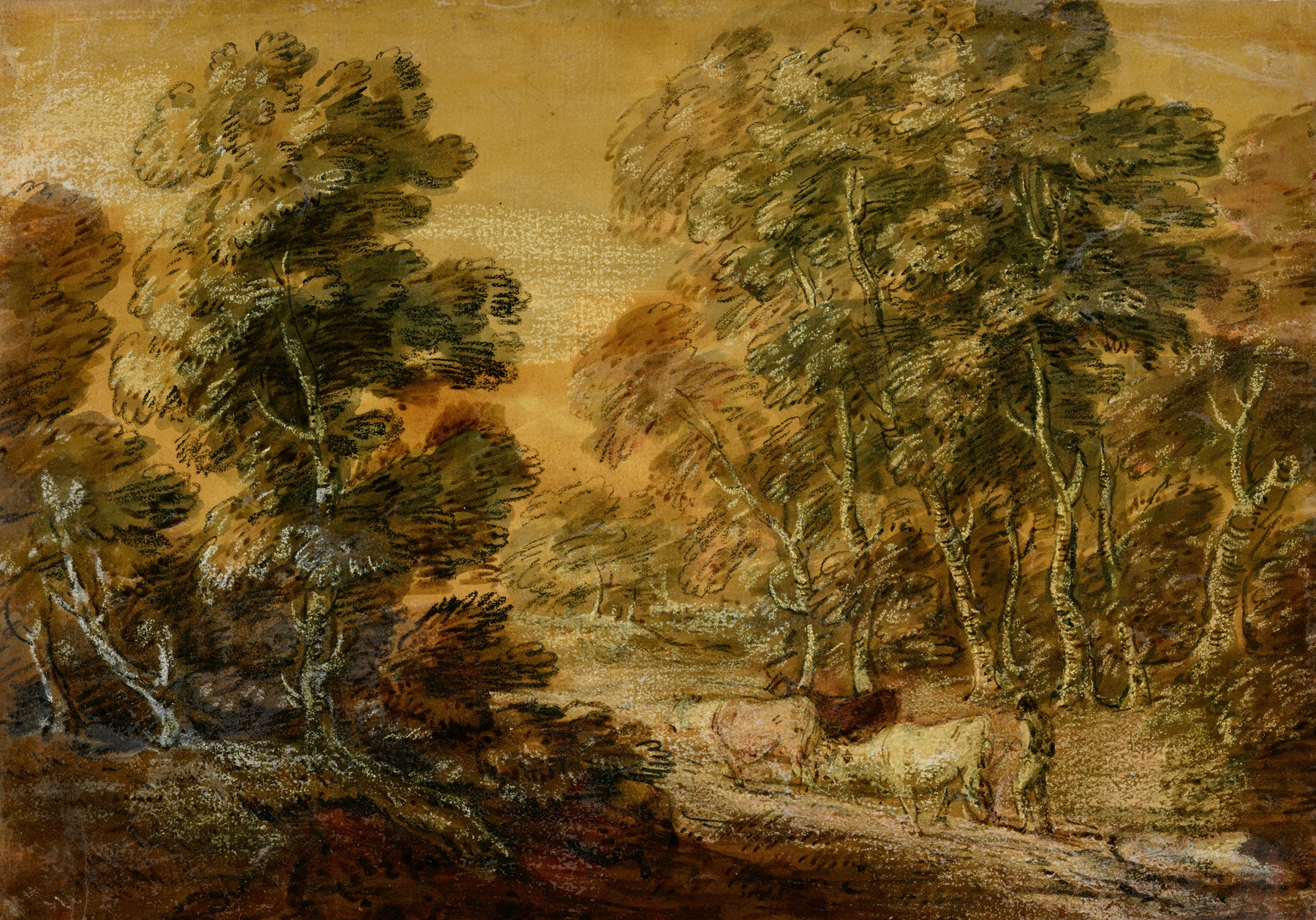 Wooded Landscape with Herdsman and Cattle, by Thomas Gainsborough, public domain