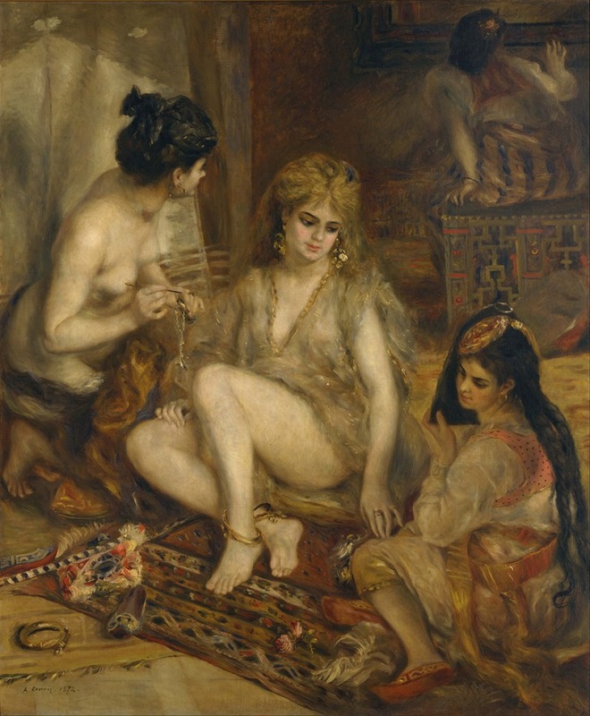 Renoir's 'Parisiennes in Algerian Costume or Harem' depicts women in vibrant traditional attire.