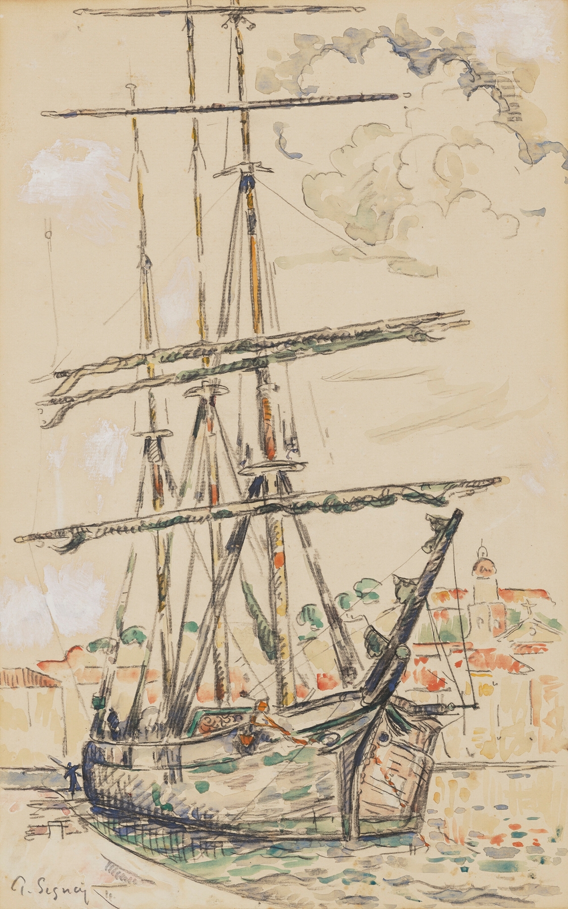 Saint-Tropez, Trois-mâts à quai, by Paul Signac, public domain