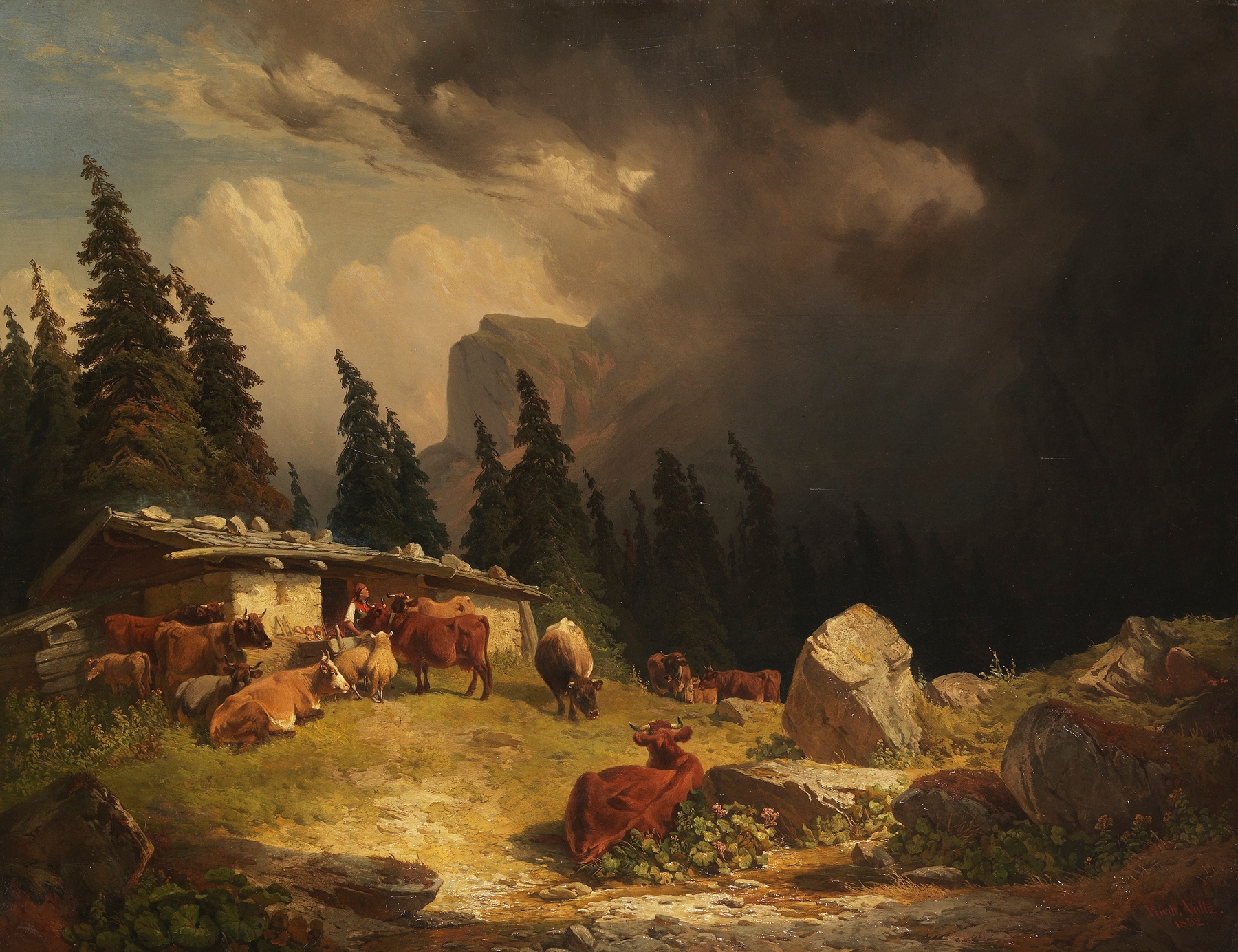 Stormy landscape with mountains and clouds, oil on canvas by Friedrich Voltz