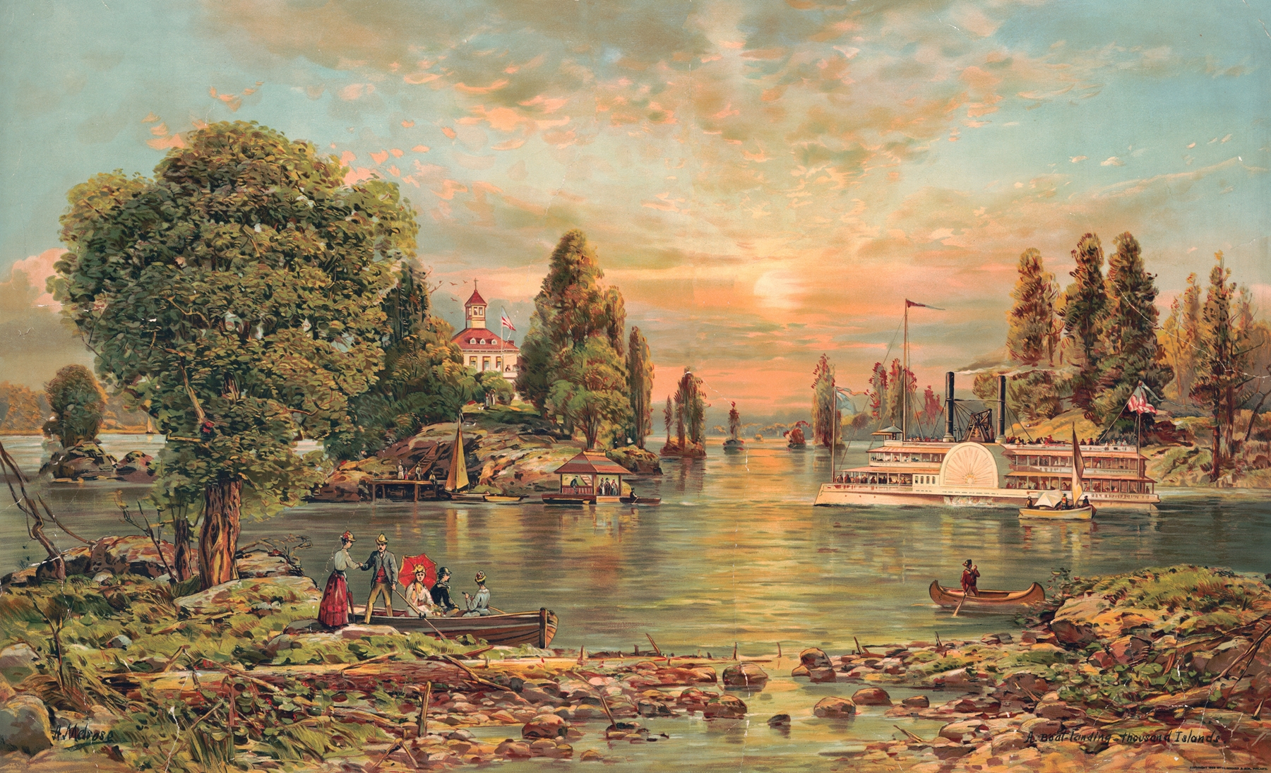 A boat-landing scene by Andrew Melrose, oil on canvas, depicting serene waters and vibrant shores.