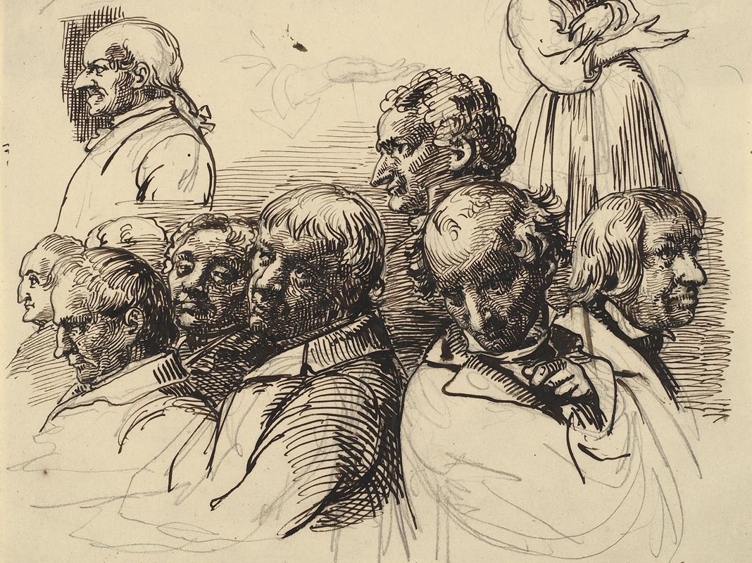 A drawing featuring eight male heads and a headless woman by Wilhelm Marstrand.