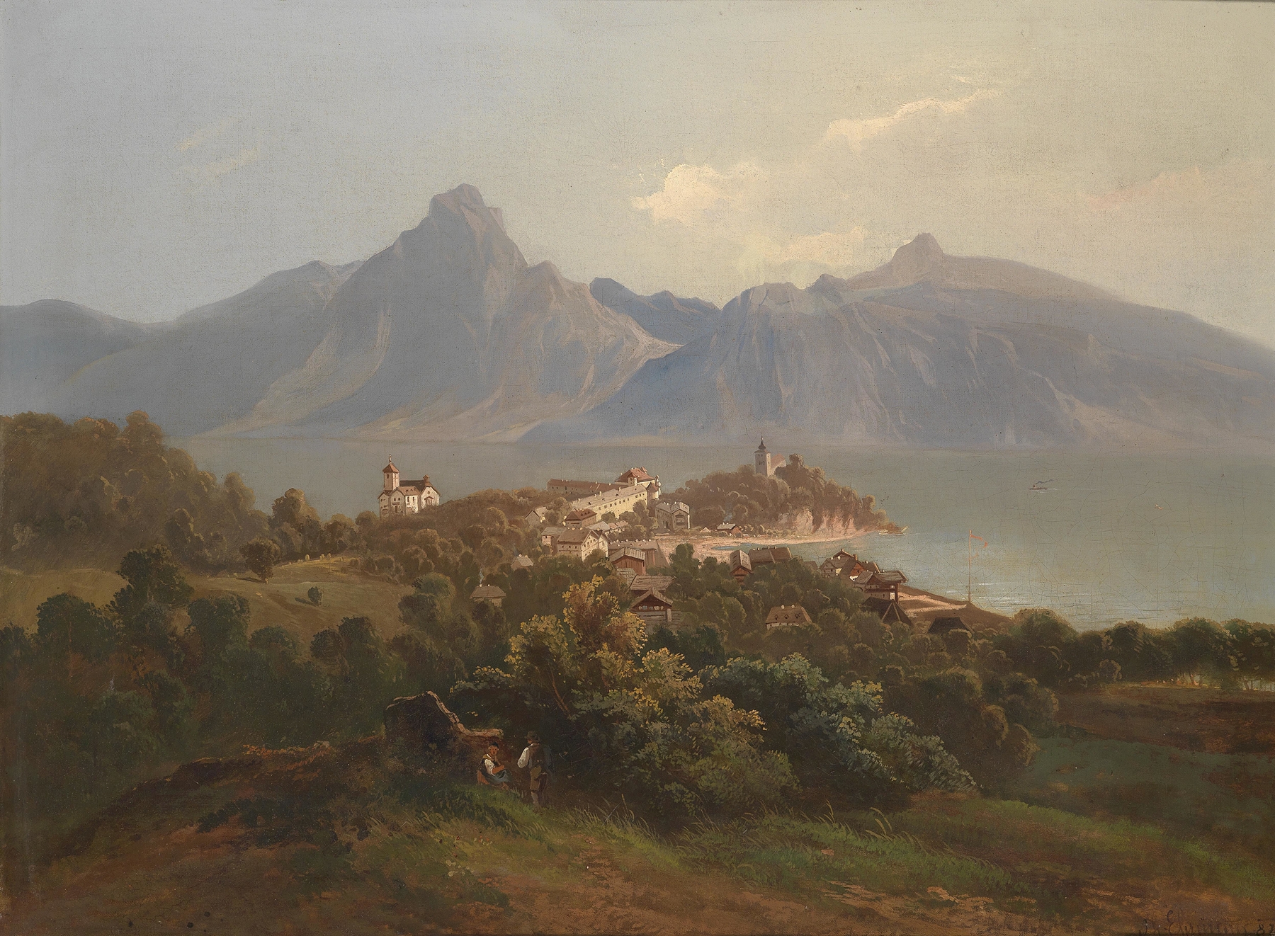 Landscape depicting Traunkirchen village by Theodor Freiherr von Ehrmanns, oil painting