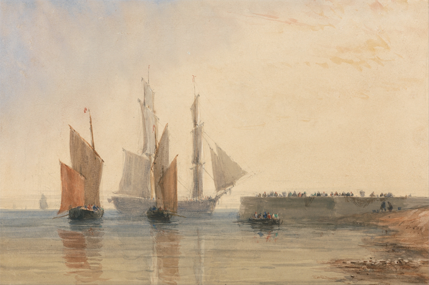 Entrance to Calais Harbour, watercolor on paper by David Cox showing boats and water reflections.