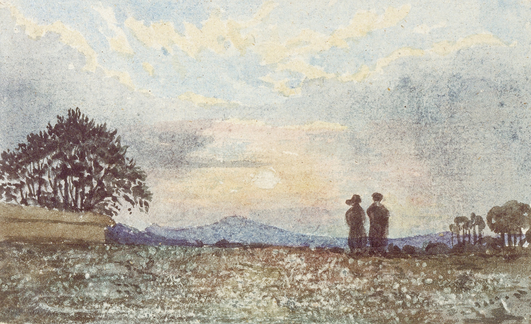 Landscape with figures at twilight, oil painting by David Charles Read