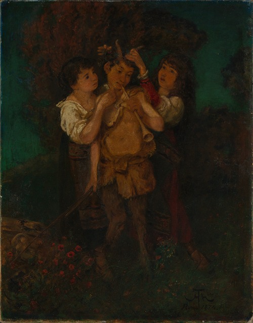 A vibrant depiction of Pan playing his flute in a lush landscape.