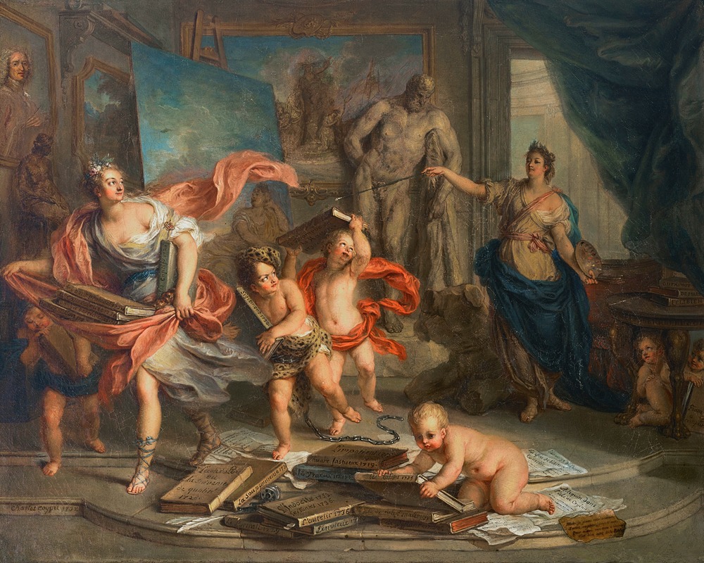 A dynamic Rococo painting depicting Thalia being chased by Painting.