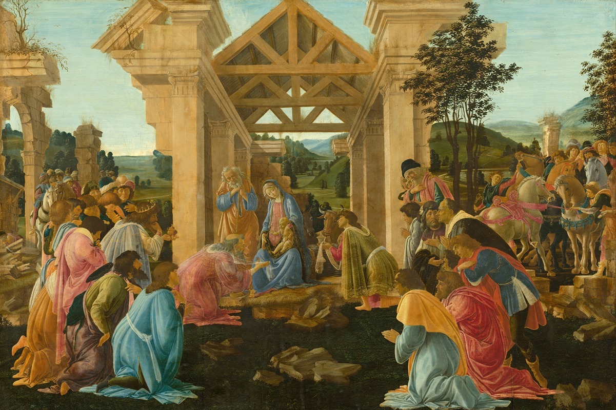 The Adoration of the Magi by Sandro Botticelli depicts the Three Wise Men presenting gifts to the infant Jesus.