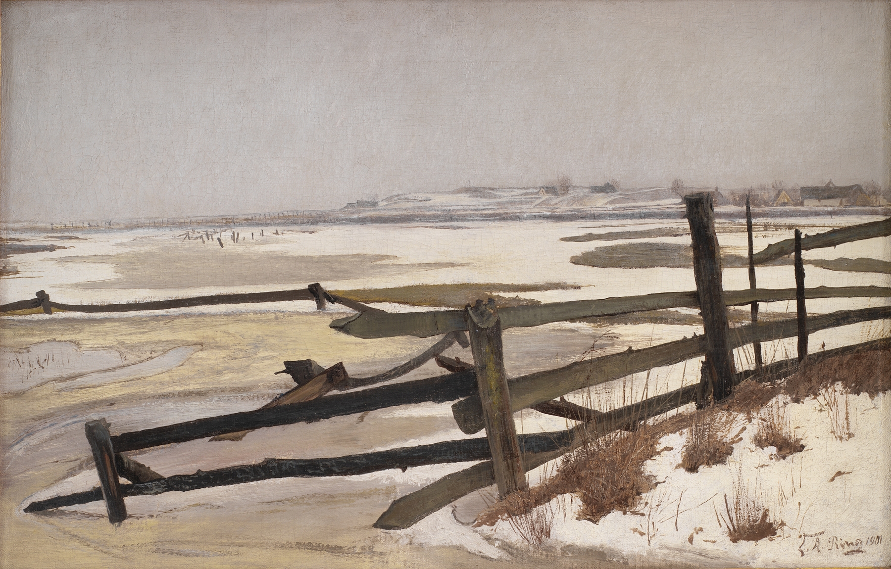 Thaw by Laurits Andersen Ring, oil on canvas showing a winter landscape transitioning to spring.