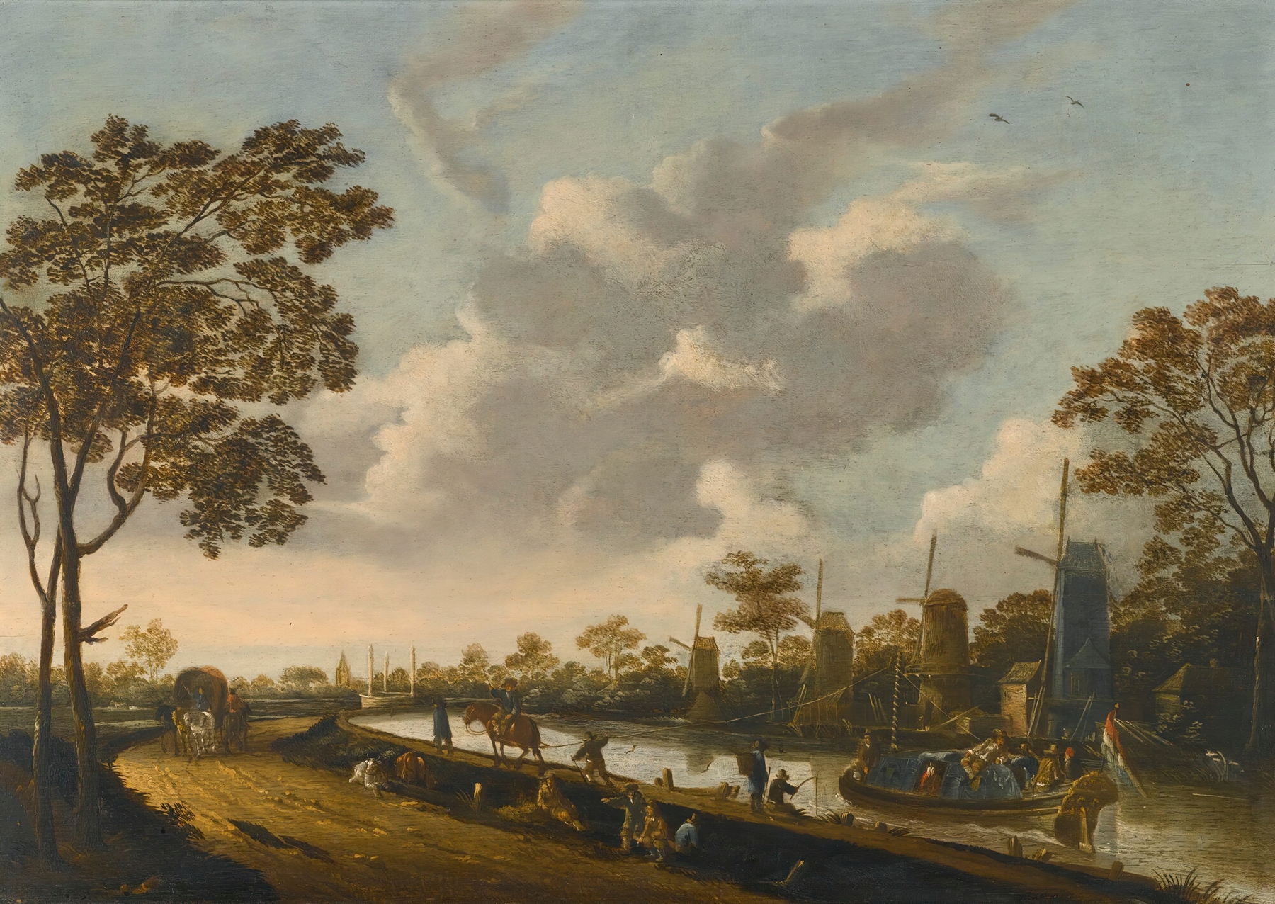 A landscape with a barge on a canal, oil painting by Pieter Bout