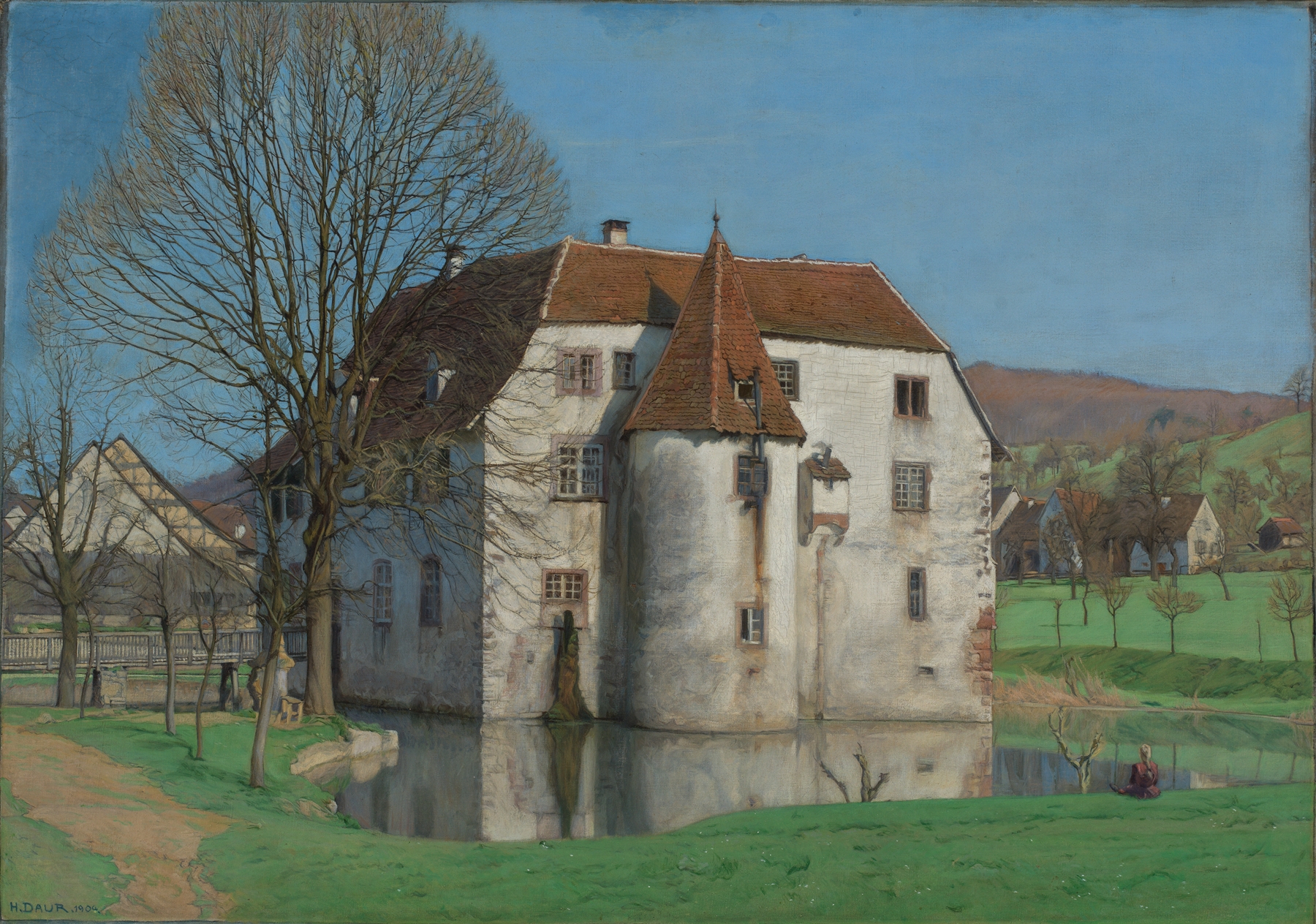 Landscape oil painting by Albert Hermann Daur featuring a castle by a river