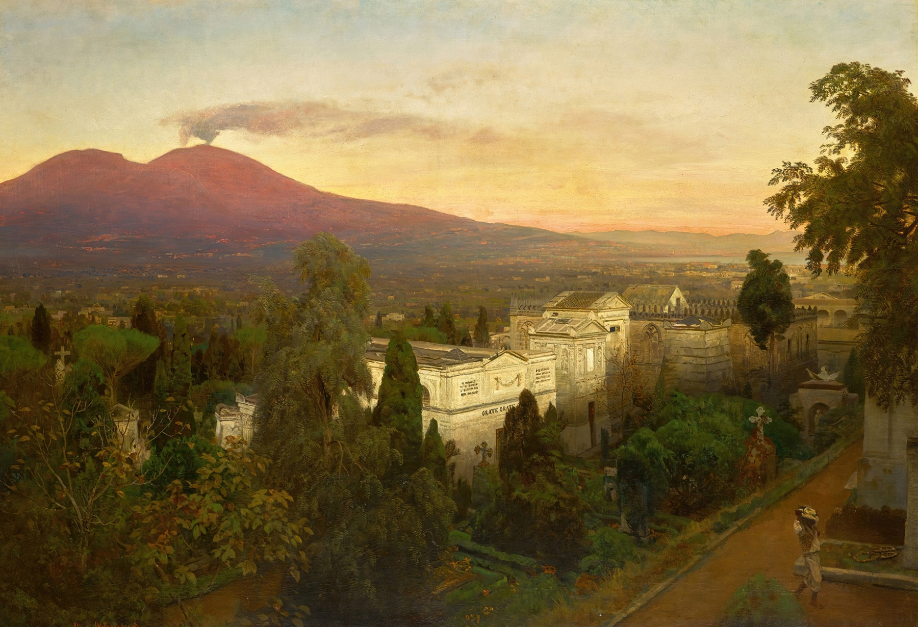 Campo Santo in Poggioreale, the Vesuvius Beyond, by Oswald Achenbach, public domain