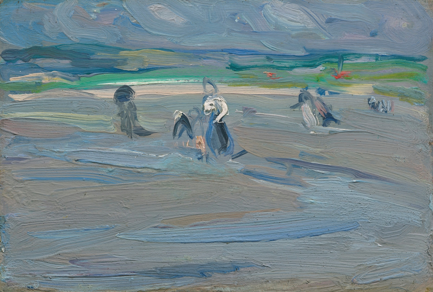 Two figures on the shore with waves and sunlight, oil on canvas by Samuel John Peploe