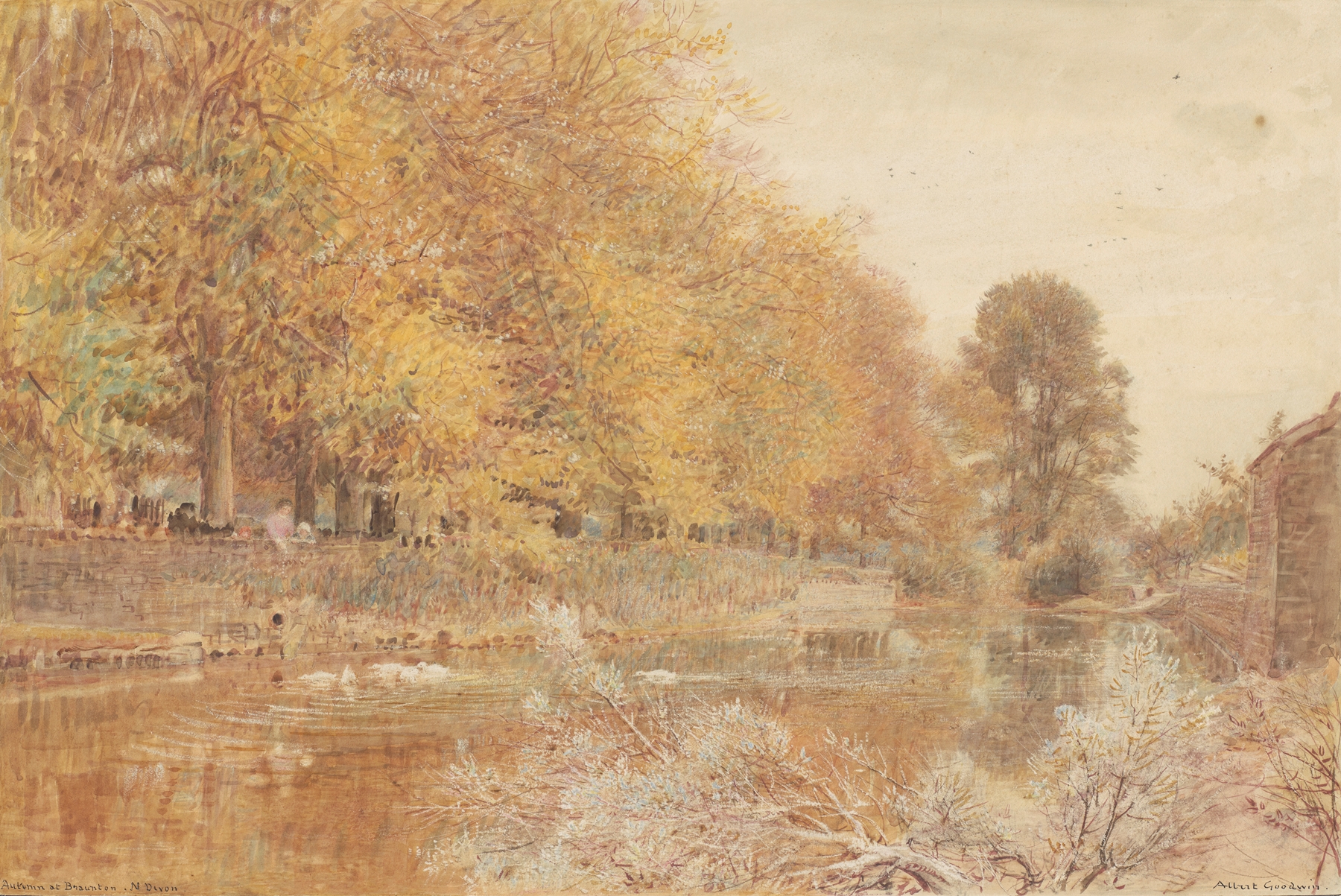Autumn at Braunston, North Devon by Albert Goodwin, oil on canvas depicting a river and autumn foliage.