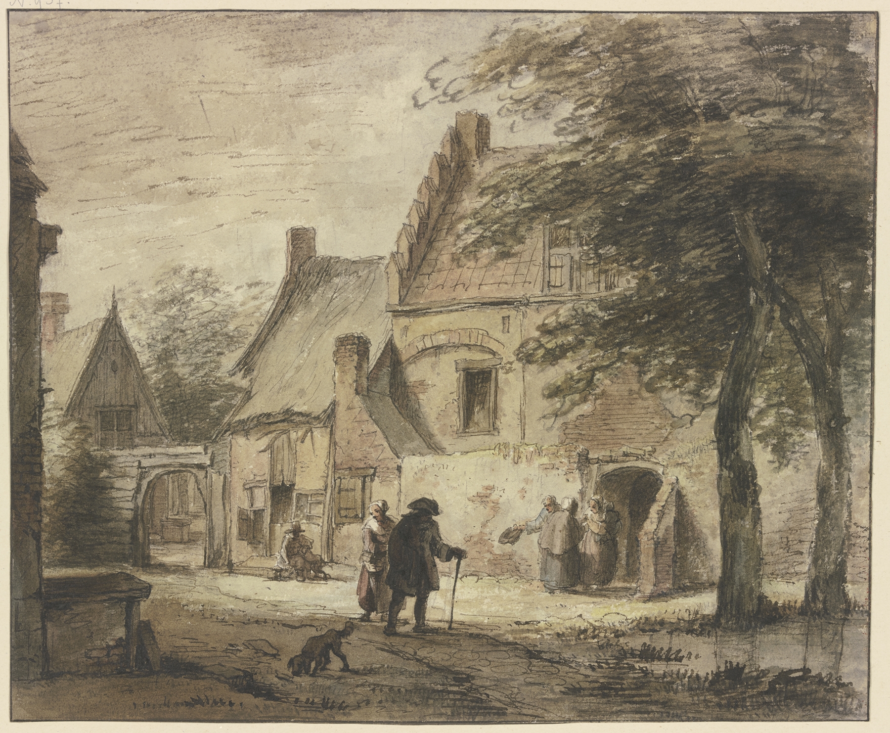 Gehöft mit mehreren Figuren, vorne ein Hund, by Jan Hulswit, public domain