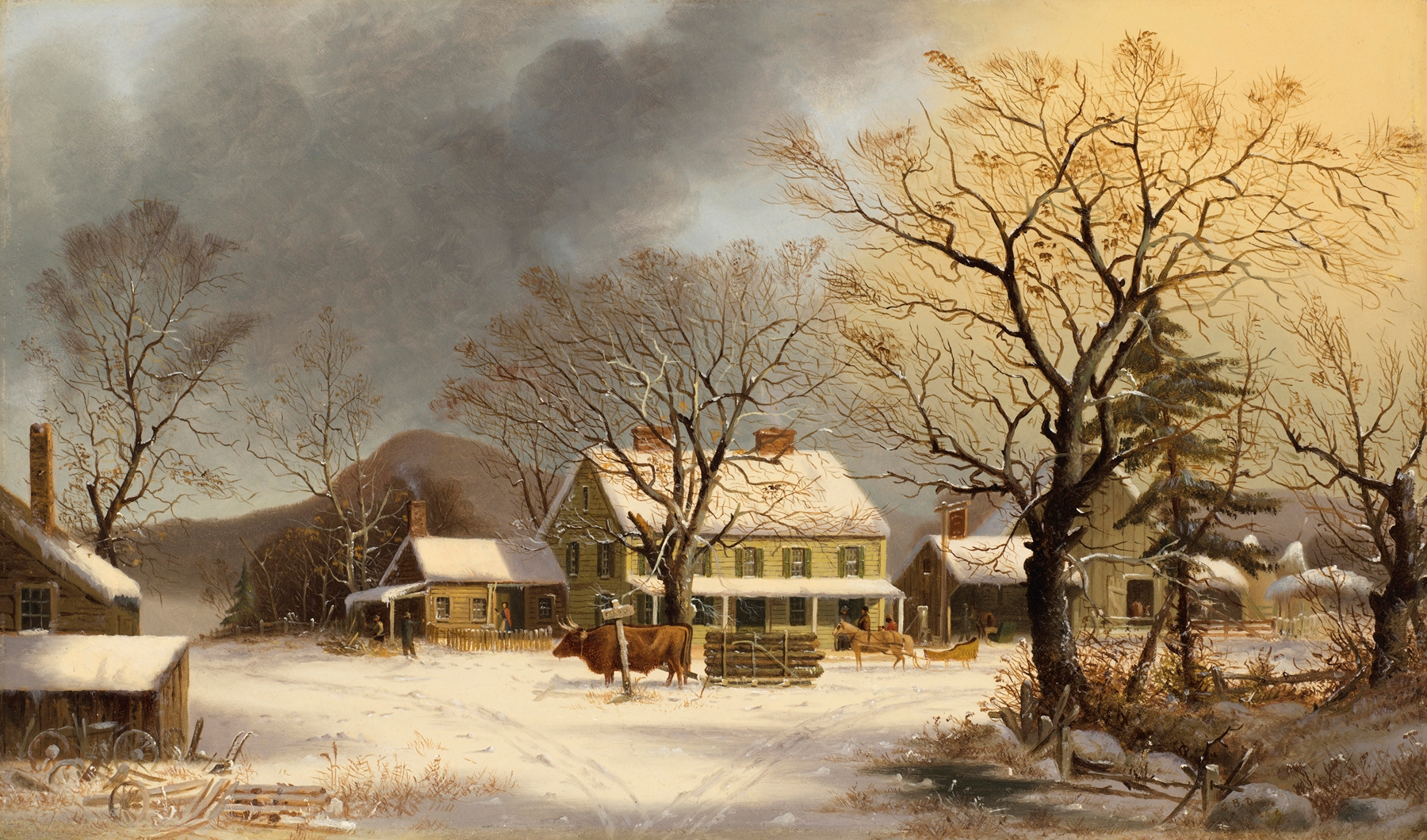 Oil painting by George Henry Durrie depicting a figure trudging along a snow-covered path.