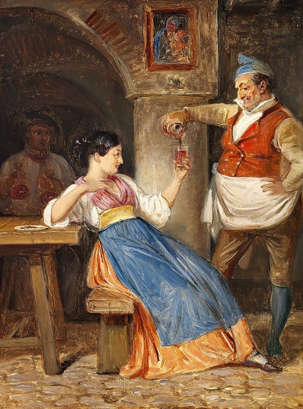 This painting depicts a scene of a man serving red wine to a young Italian woman.