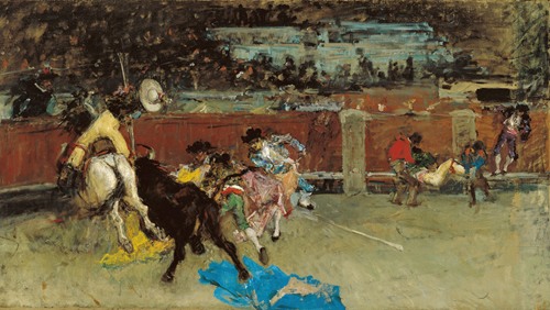 A dramatic scene of a wounded picador during a bullfight.