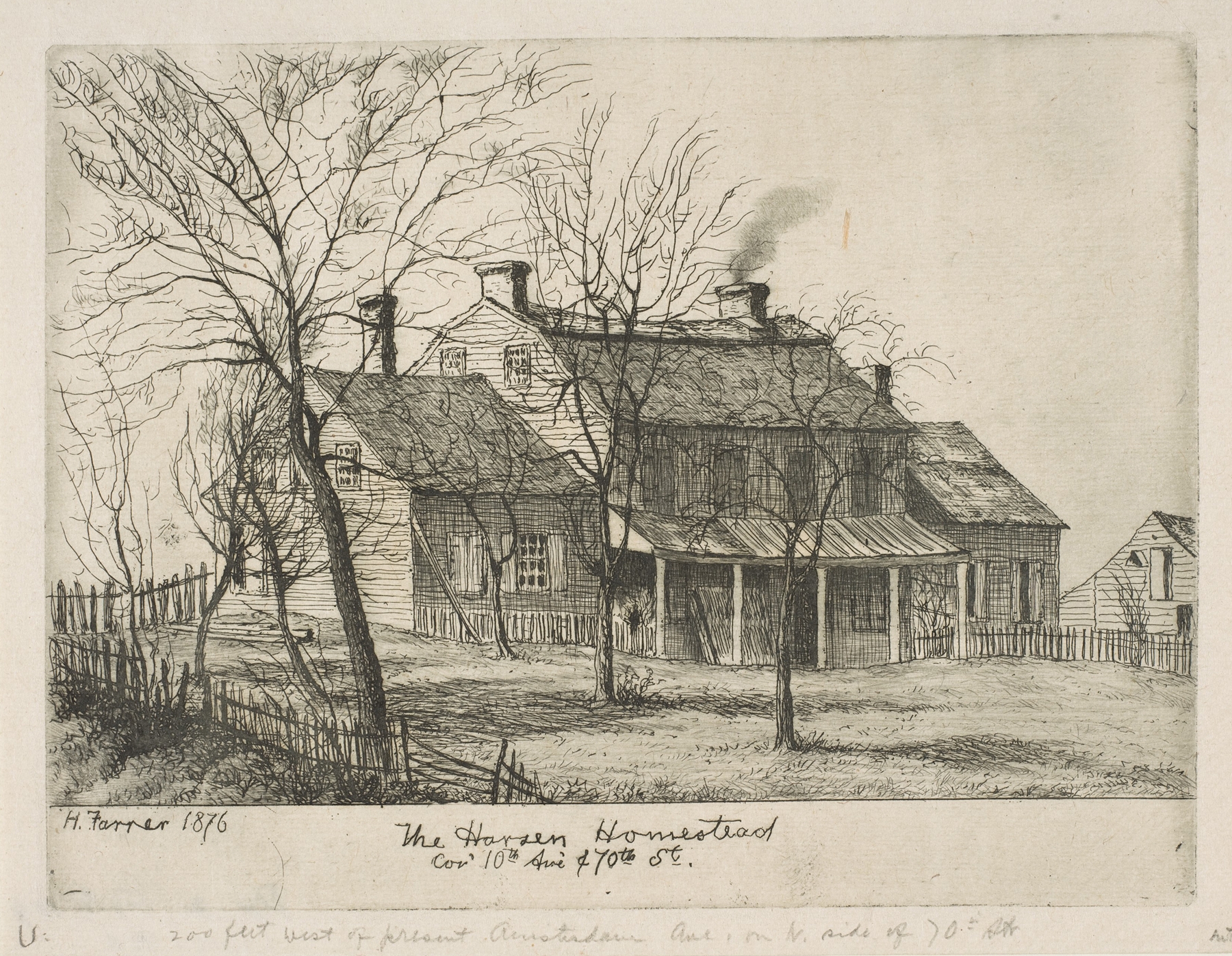 The Harsen Homestead engraving by Henry Farrer, depicting a weathered building and long shadows.