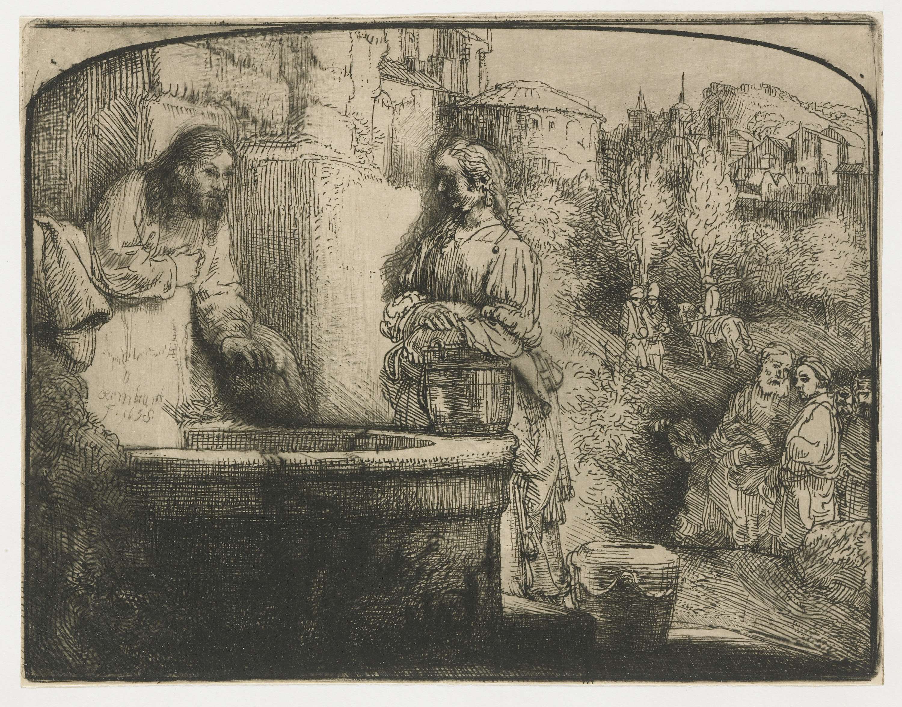 Etching by Rembrandt van Rijn depicting Christ and the Samaritan woman in conversation.