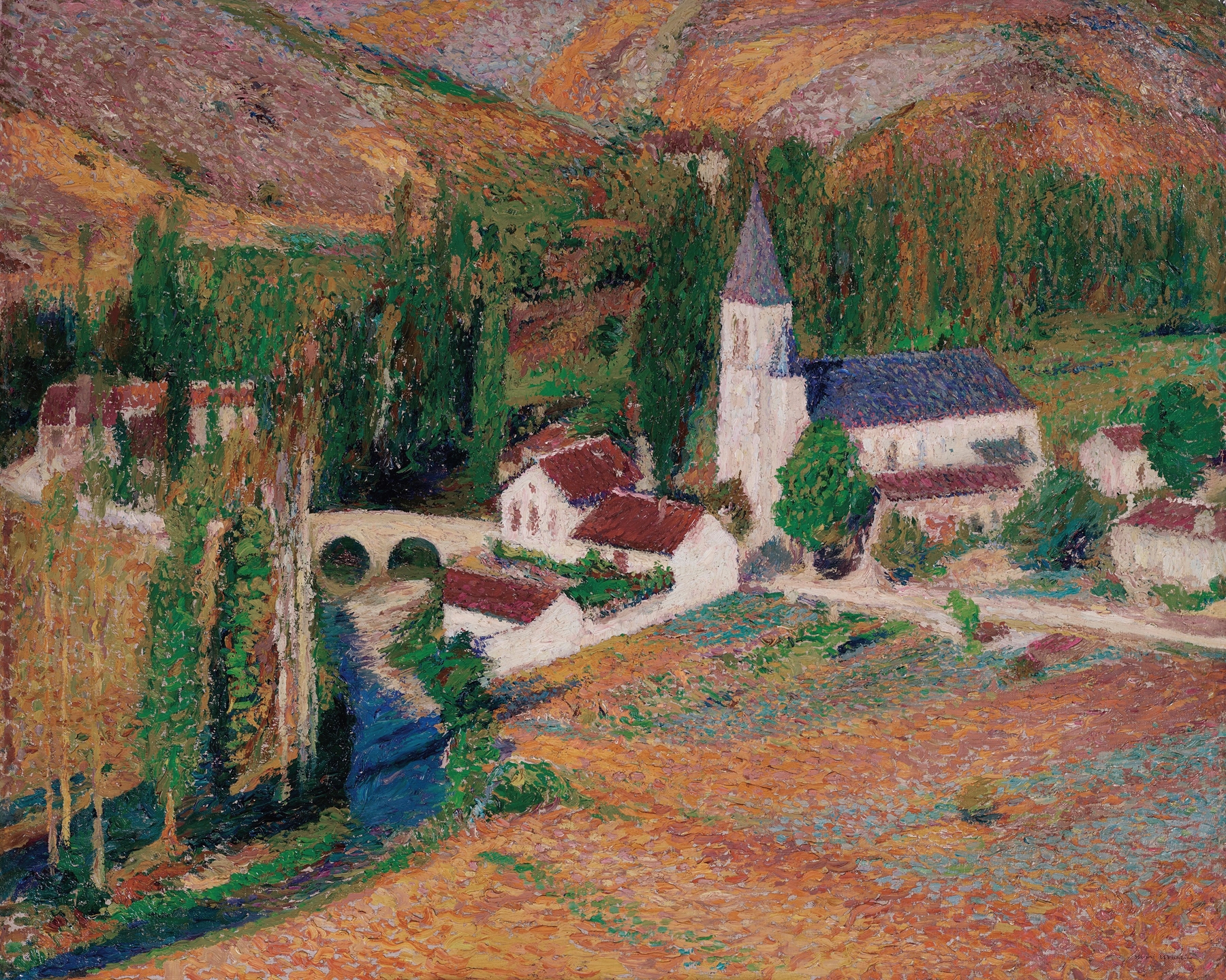 Post-Impressionism oil painting by Henri Martin depicting a church by a river in autumn.