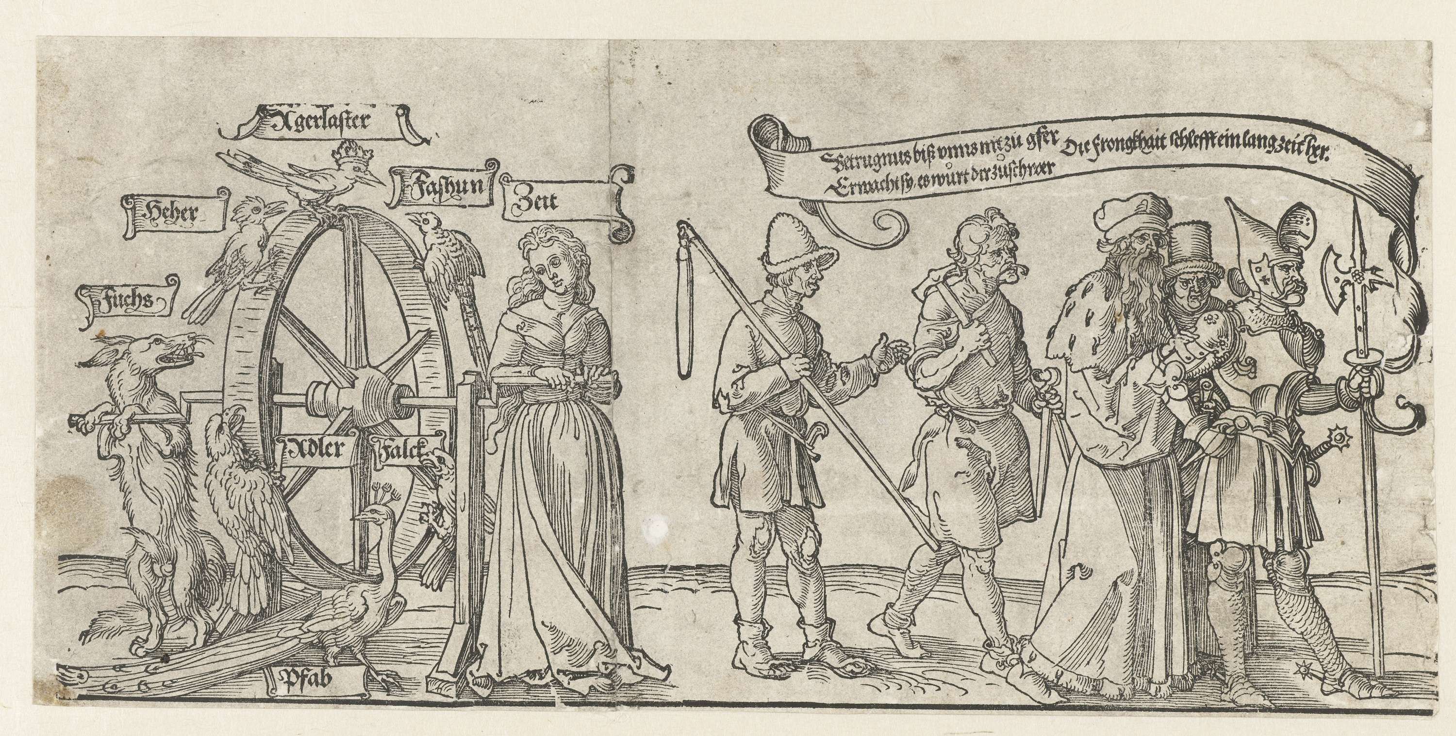 Het rad van fortuin; de vijf standen, by Albrecht Dürer, public domain