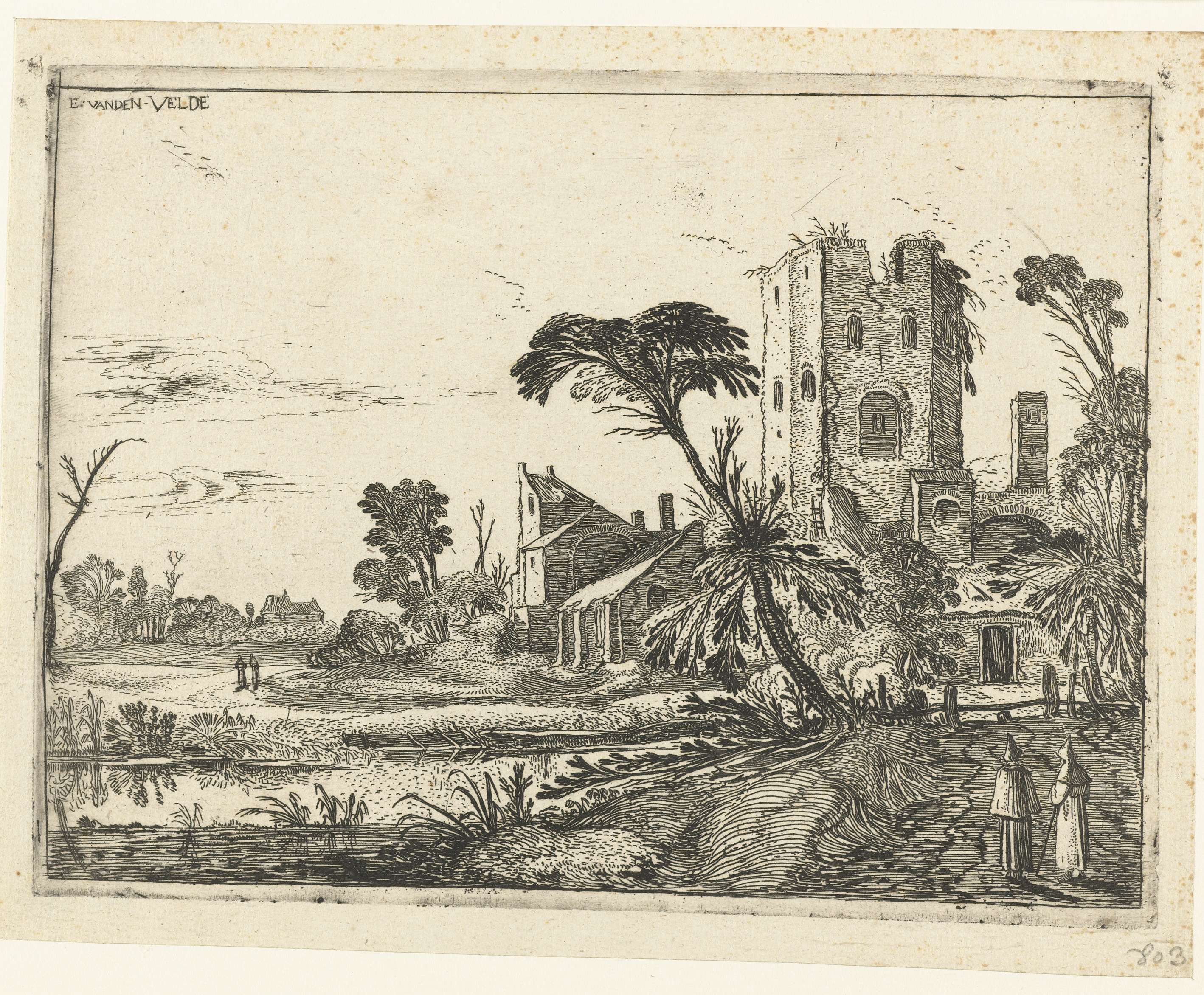 Two monks walking on a path near a crumbling tower, etching by Esaias van de Velde.