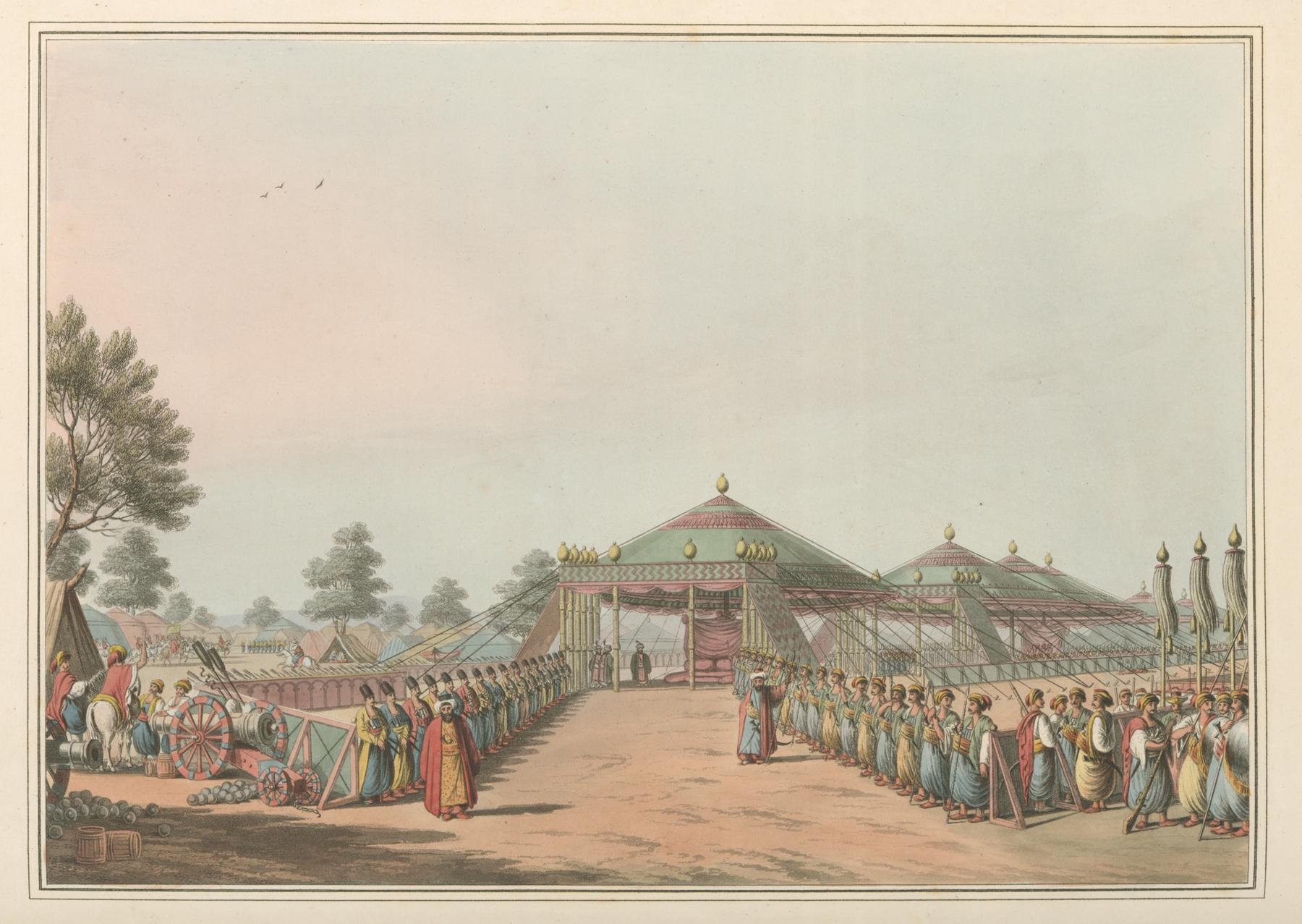 Turkish Encampment by Luigi Mayer, watercolor on paper depicting tents under a clear sky.