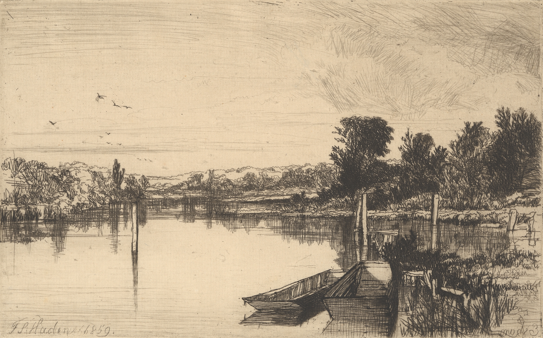 Egham by Francis Seymour Haden, a landscape etching depicting rolling hills and vibrant greenery.