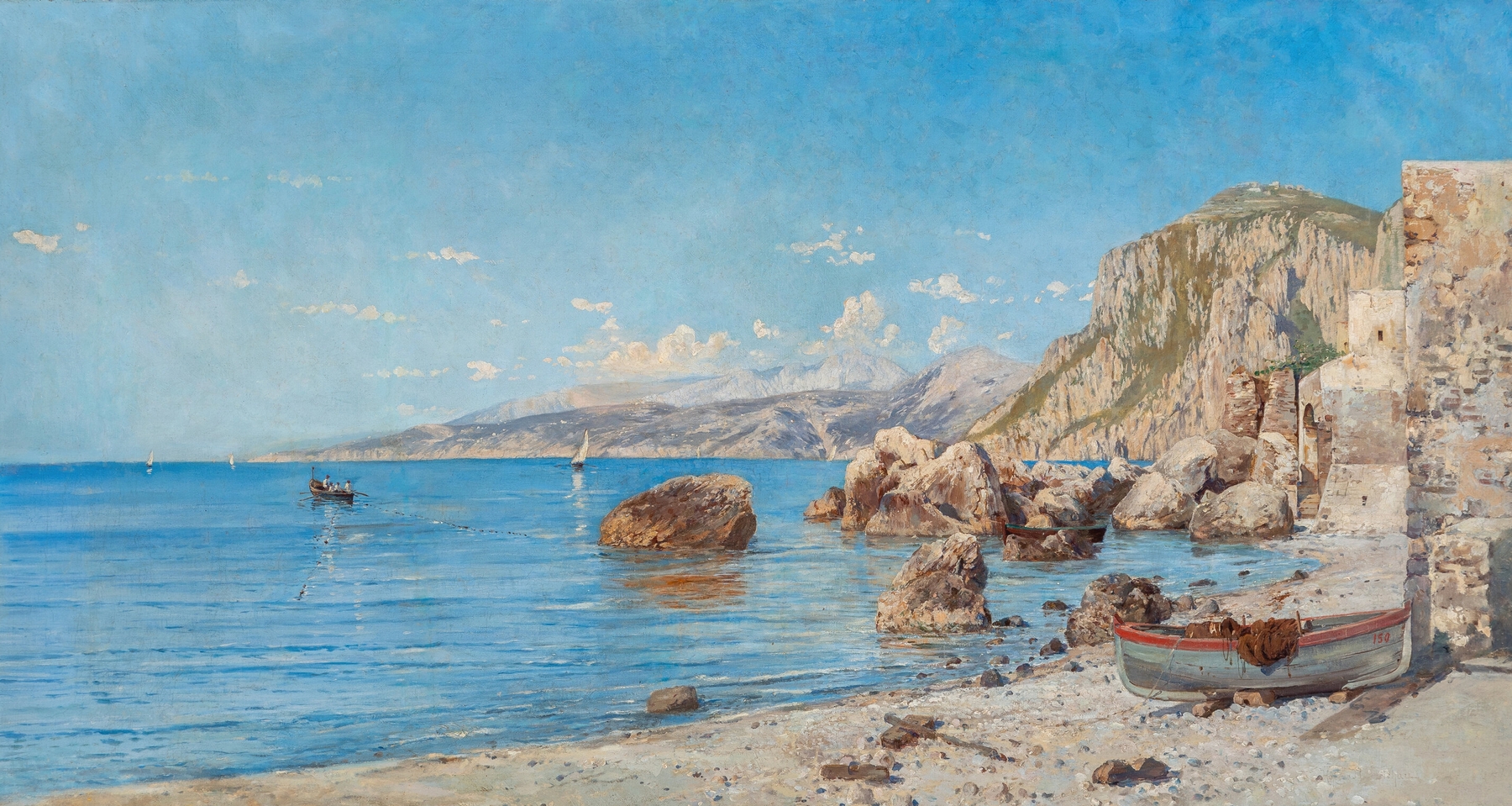 Marine scene with rocky cliffs and blue sea by Holger Hvitfeldt Jerichau, oil on canvas