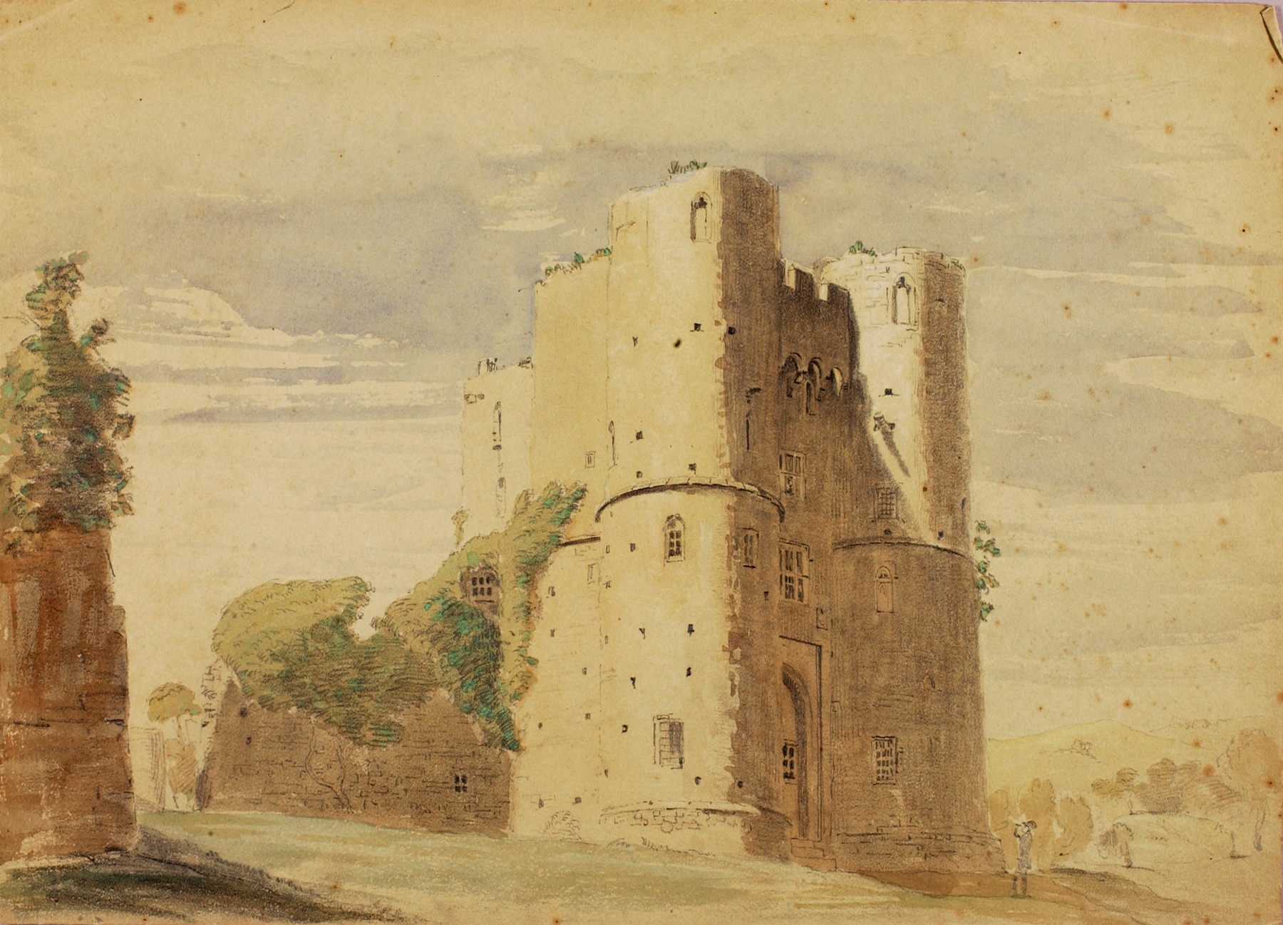 Saltwood Castle by Miner Kilbourne Kellogg, oil on canvas depicting a crumbling castle and lush trees.