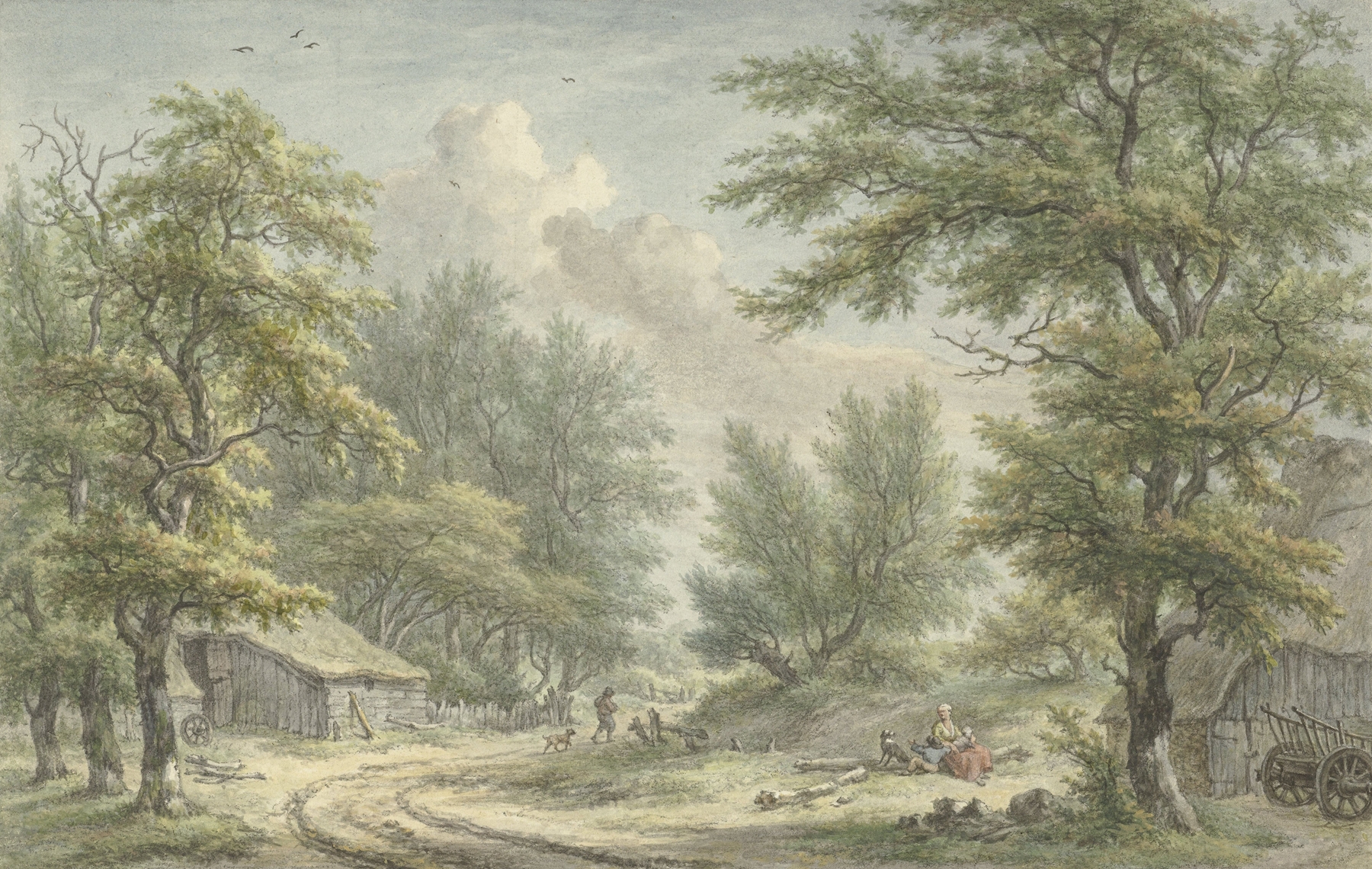 Landschap bij Eext, Drenthe by Egbert van Drielst, oil painting depicting a serene landscape with meadows and clouds.