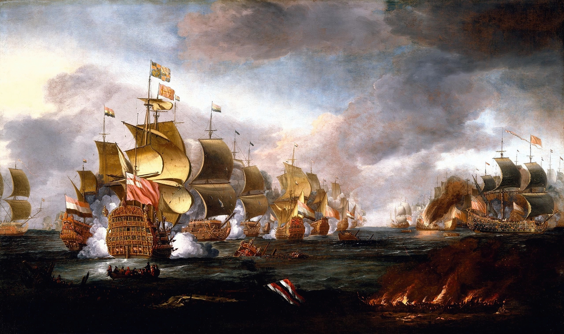 The Battle of Lowestoft, 1670s, by Adriaen van Diest, depicting warships in a stormy sea.
