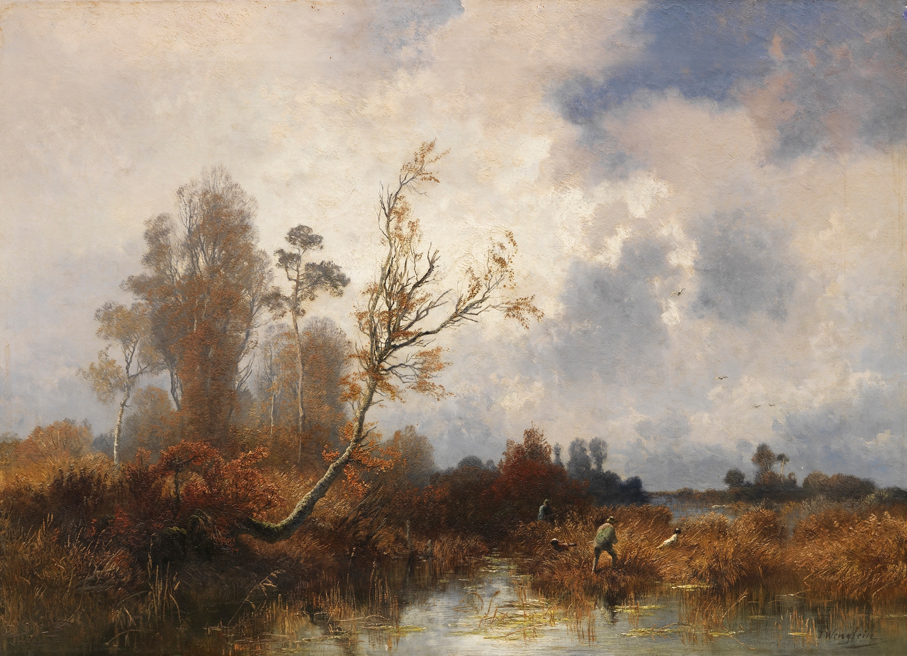 Autumn landscape with hunters in Dachauer Moos by Josef Wenglein, realism
