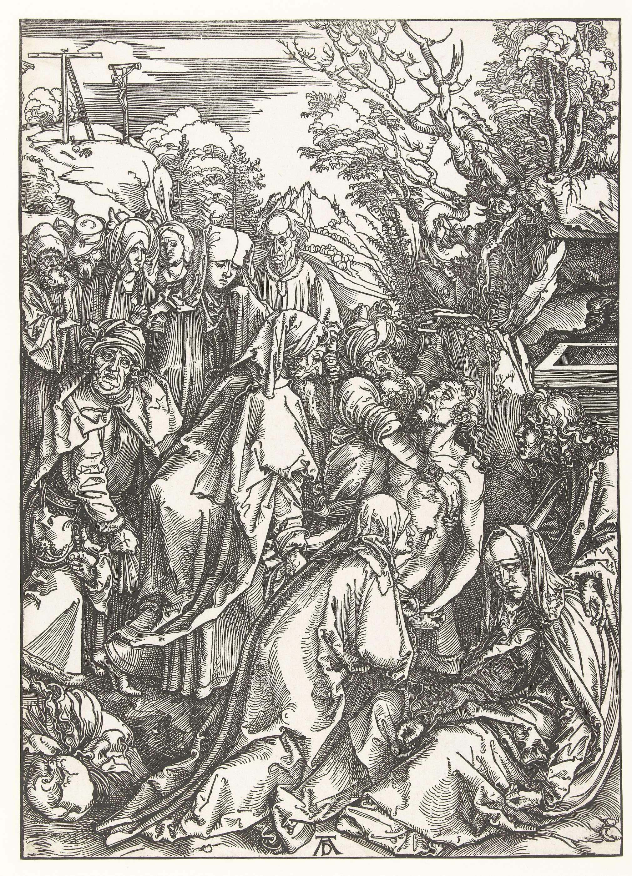 Graflegging by Albrecht Dürer, etching on paper depicting intricate figures and tension.