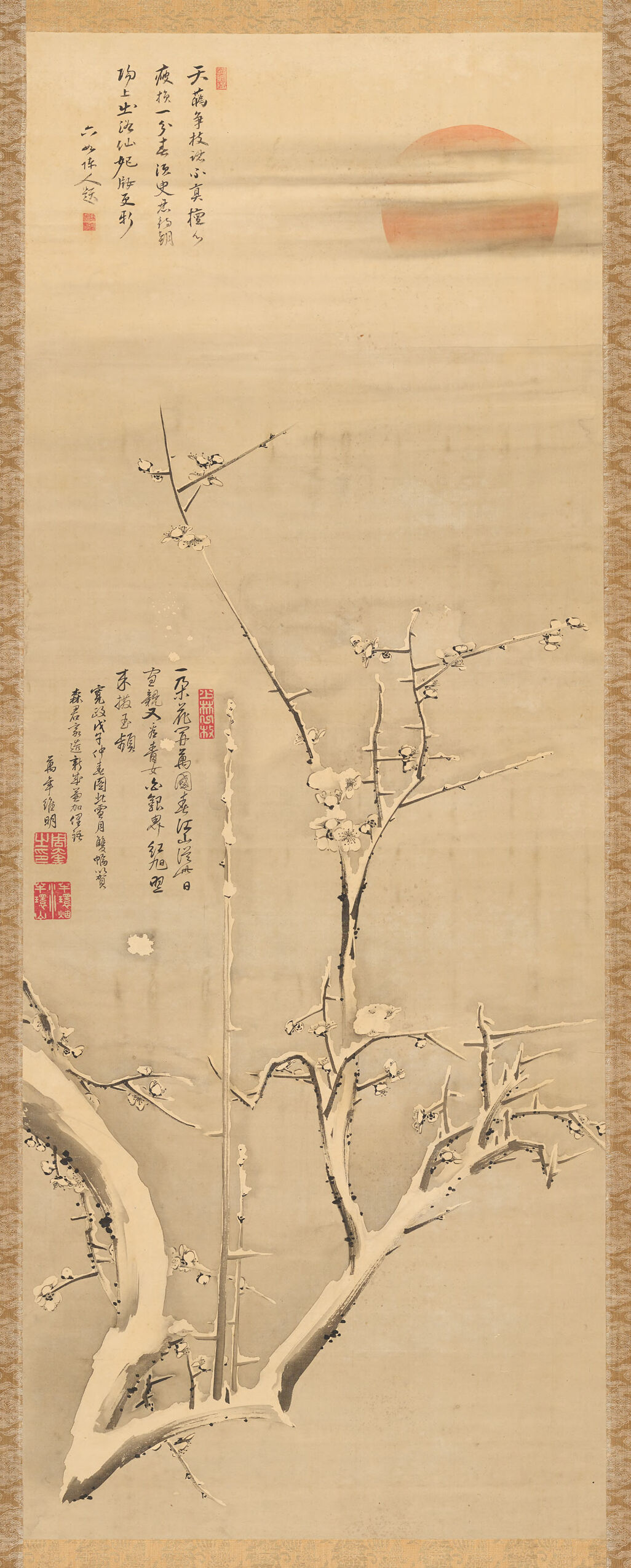 Blossoming plum under sun and moon, silk by Imei Shūkei
