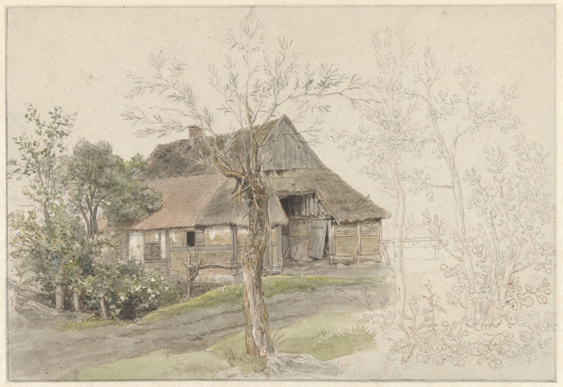 Landscape featuring a farmhouse and trees by Jacob Ernst Marcus, oil painting