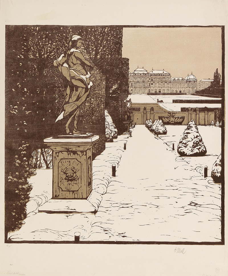 A winter landscape painting by Carl Moll depicting the Belvedere Gardens.