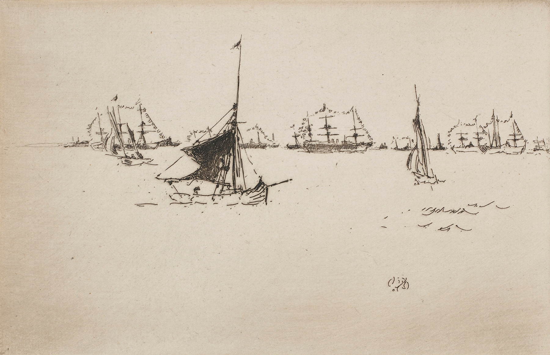 Her Majesty’s Fleet; Evening by James Abbott McNeill Whistler, oil painting depicting ships at twilight.