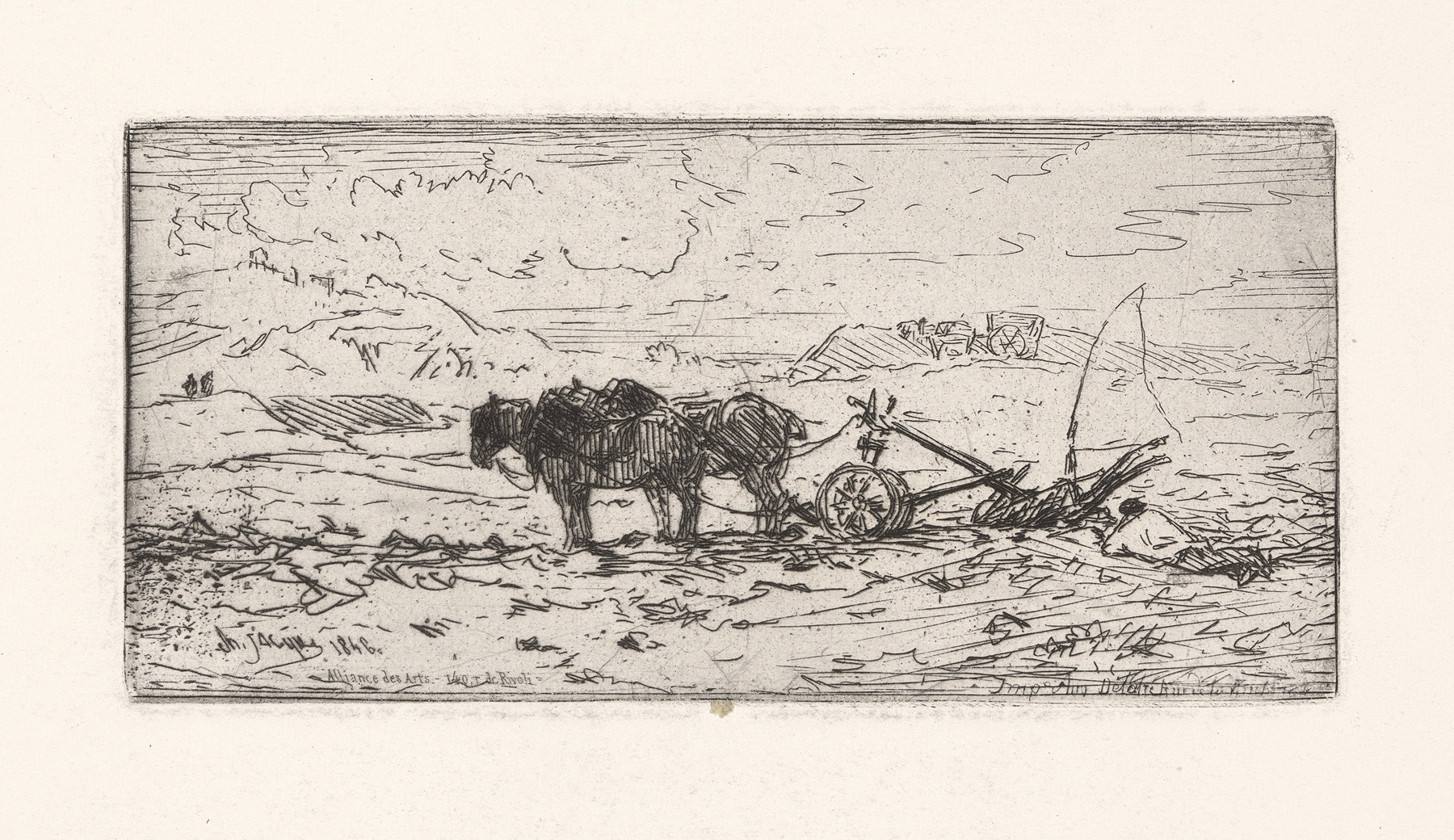 Two horses plowing a field, oil on canvas by Charles Emile Jacque