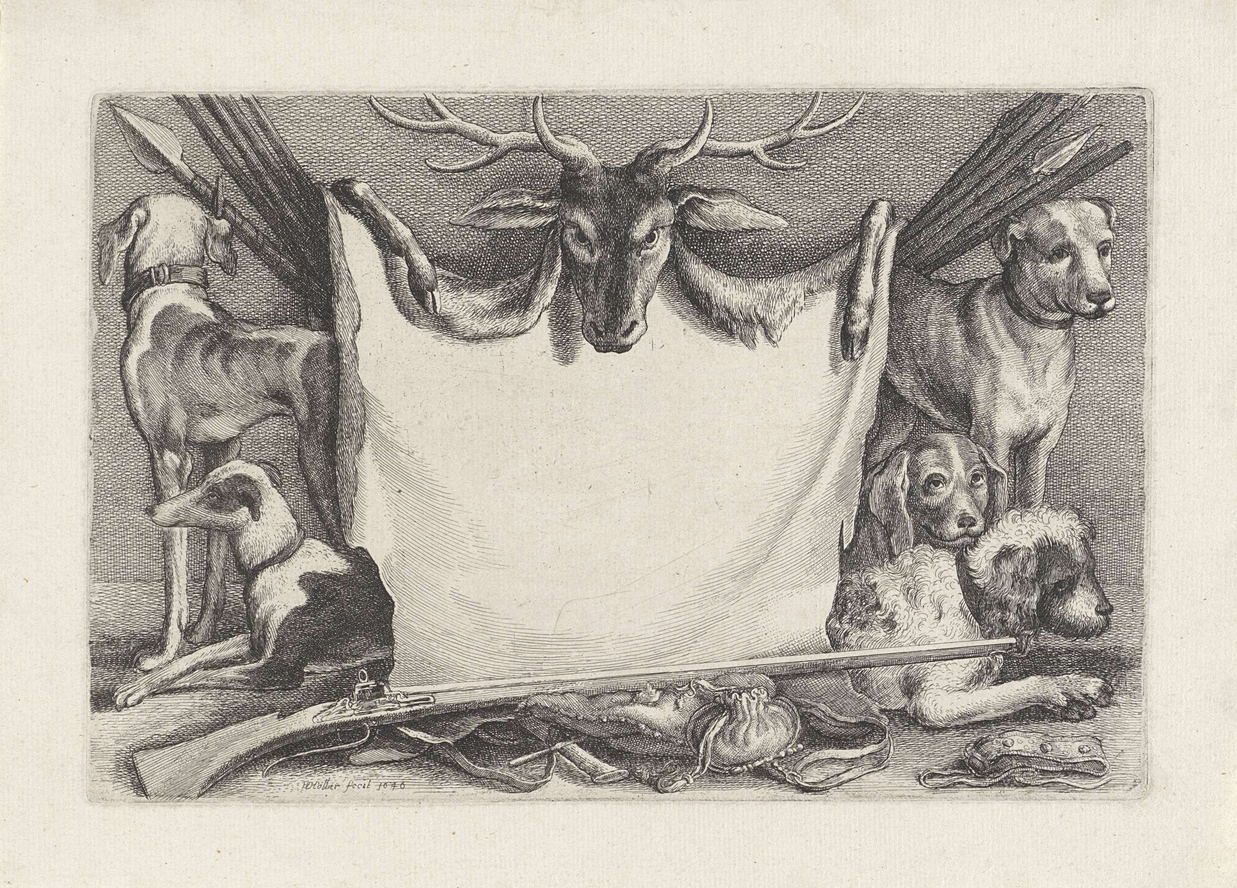 Etching by Wenceslaus Hollar depicting a hunting scene with ornate details.
