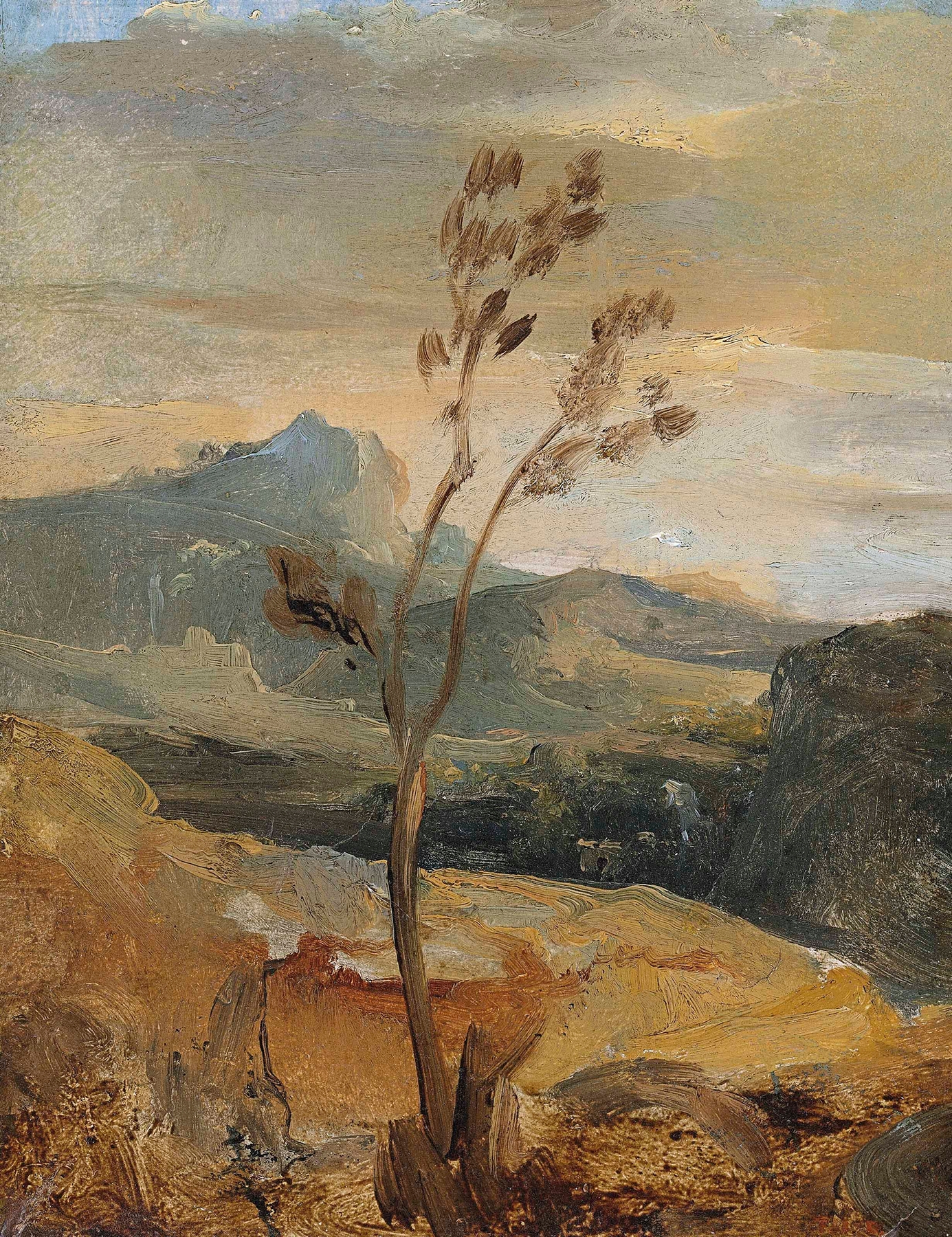 Oil painting by Théodore Rousseau depicting a landscape with trees and hills.